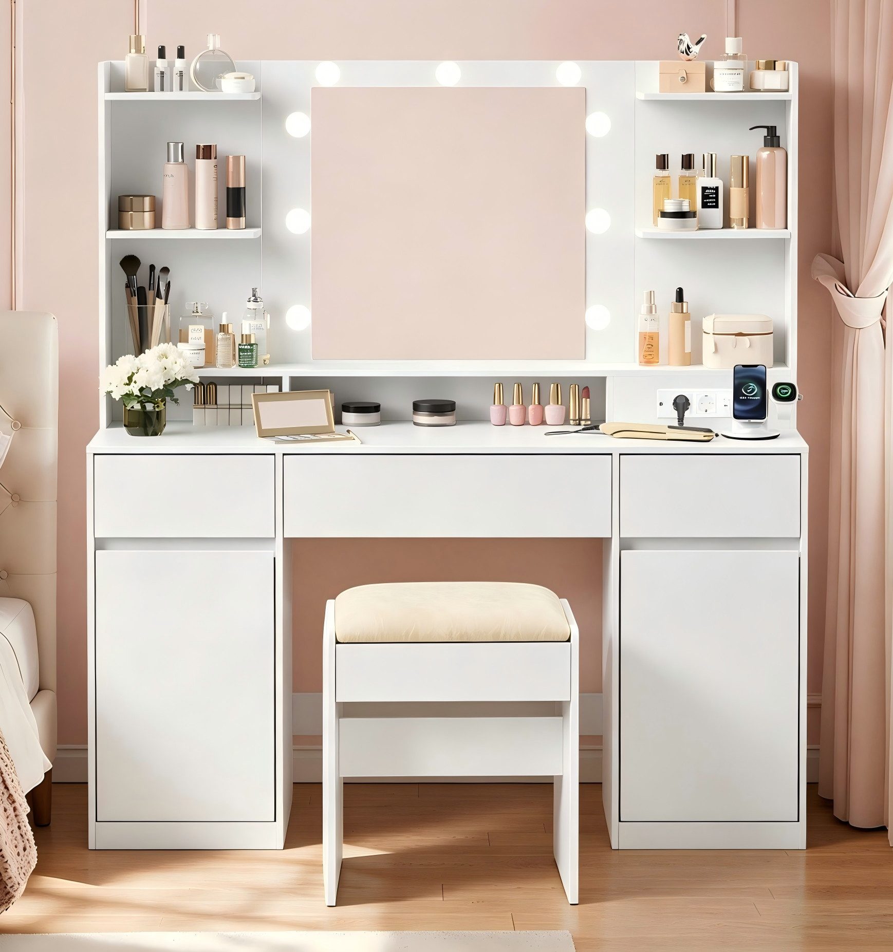 VASAGLE Schminktisch mit Spiegel und LED-Leuchten, Steckdosenleiste, Schubladen (1 Tisch mit 1 Hocker), 2 Schränke, 9 dimmbare Glühbirnen, 3 Lichtfarben, verstellbare Ablagen