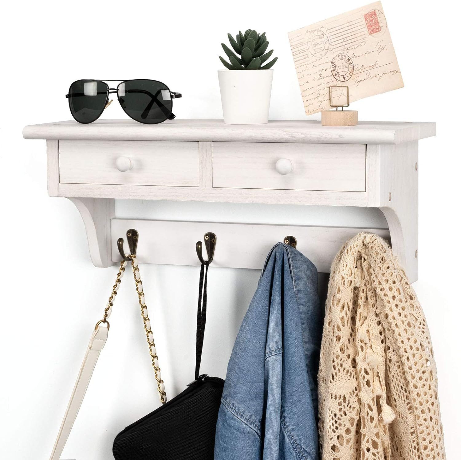 Emfogoo Wandgarderobe aus Rustikale Holz mit Ablage, 2 Schubladen und 4 Met günstig online kaufen