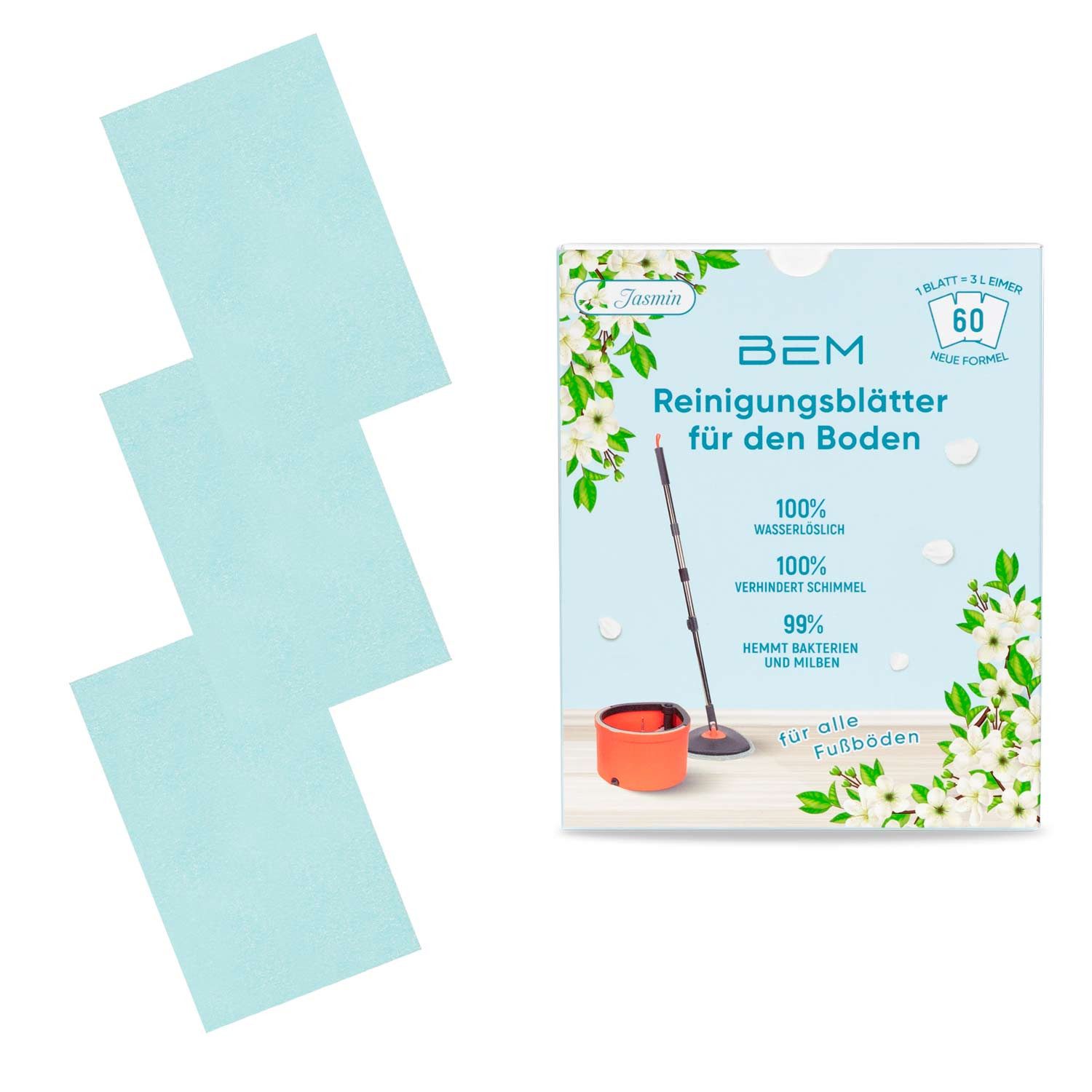 BEM Reinigungs-Set Wasserlösliche Reinigungsblätter, (Bodenreiniger Blätter für alle Fußböden geeignet, 60-St., mit Jasmin-Duft), effiziente und umweltfreundliche Bodenreinigung