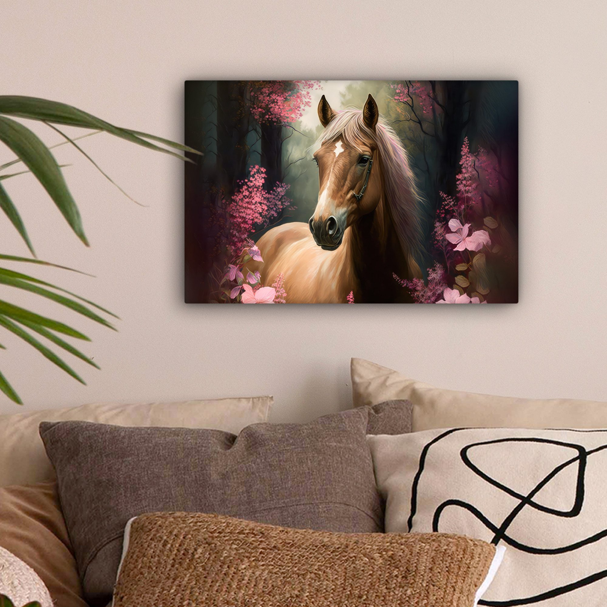 OneMillionCanvasses® Leinwandbild Pferd - Blumen - Rosa - Natur - Wald, Fot günstig online kaufen