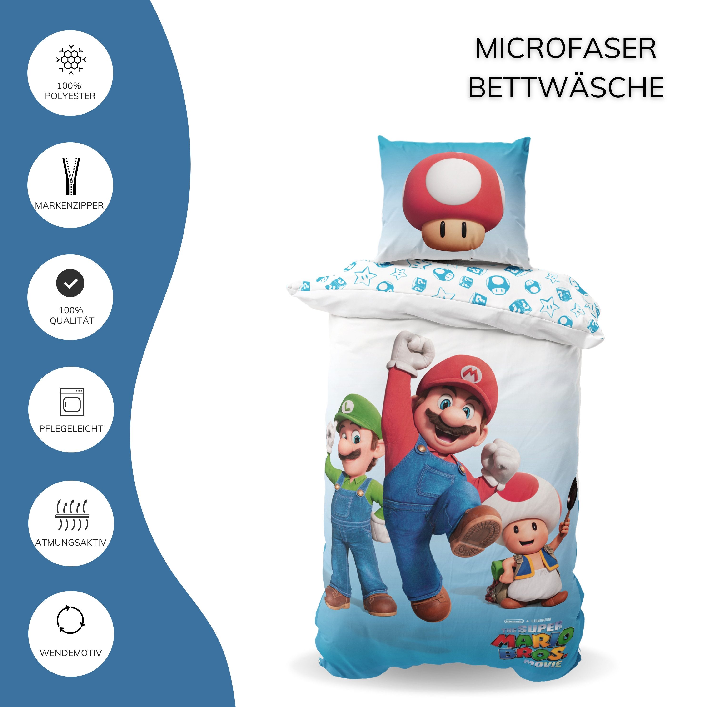 MTOnlinehandel Kinderbettwäsche Nintendo Super Mario, Geschenk für Gamer, Luigi und Toad, Mikrofaser, 2 teilig, Wendebettwäsche für Mädchen und Jungs, 135x200 + – Bild 4 von 5