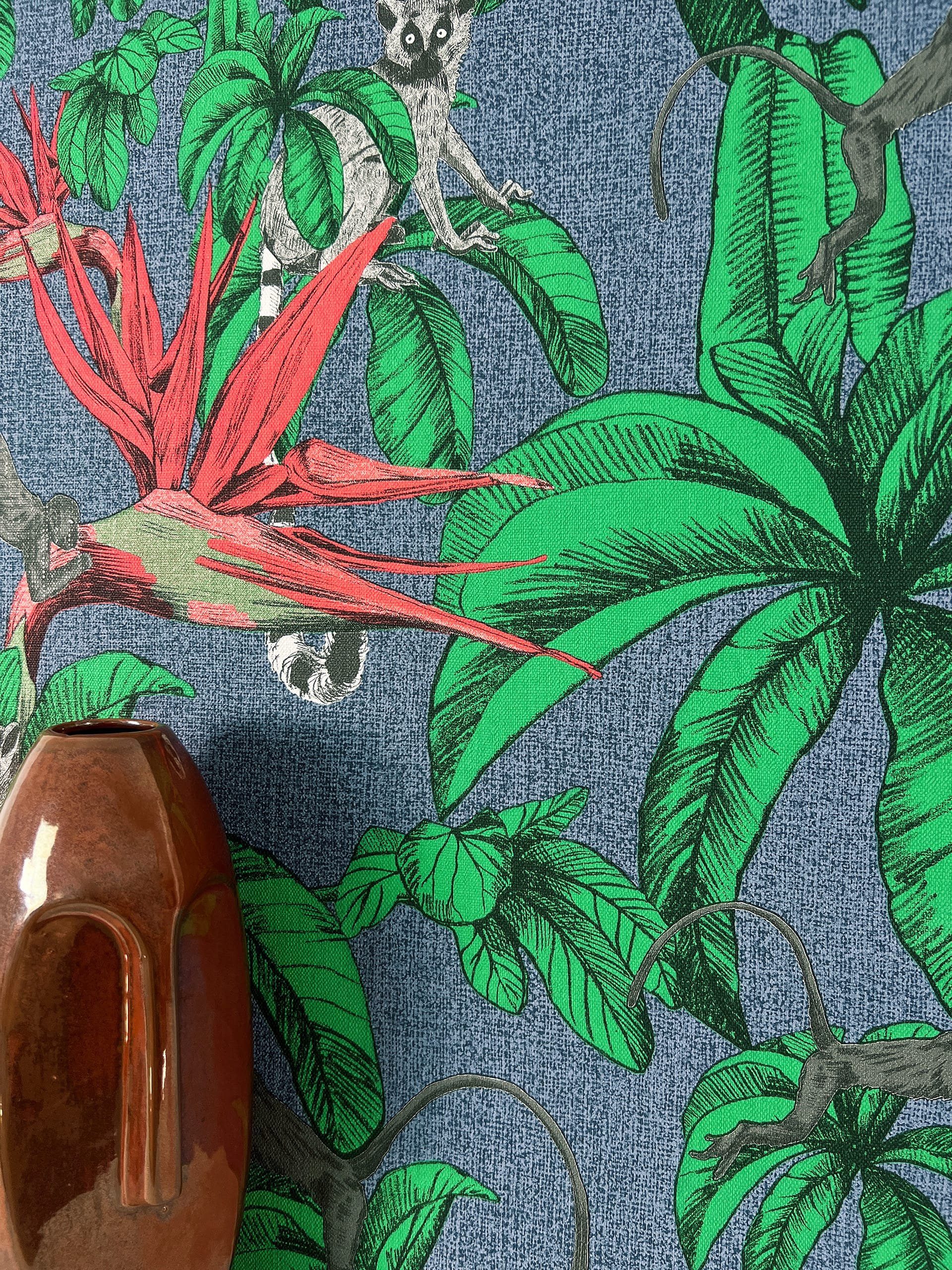 Newroom Vliestapete, Dschungel Tapete Blau Grün Wallpaper Affe Tukan Tapete Pflanzen Wohnzimmer Schlafzimmer Büro Flur, Blumentapete, Dschungeltapete