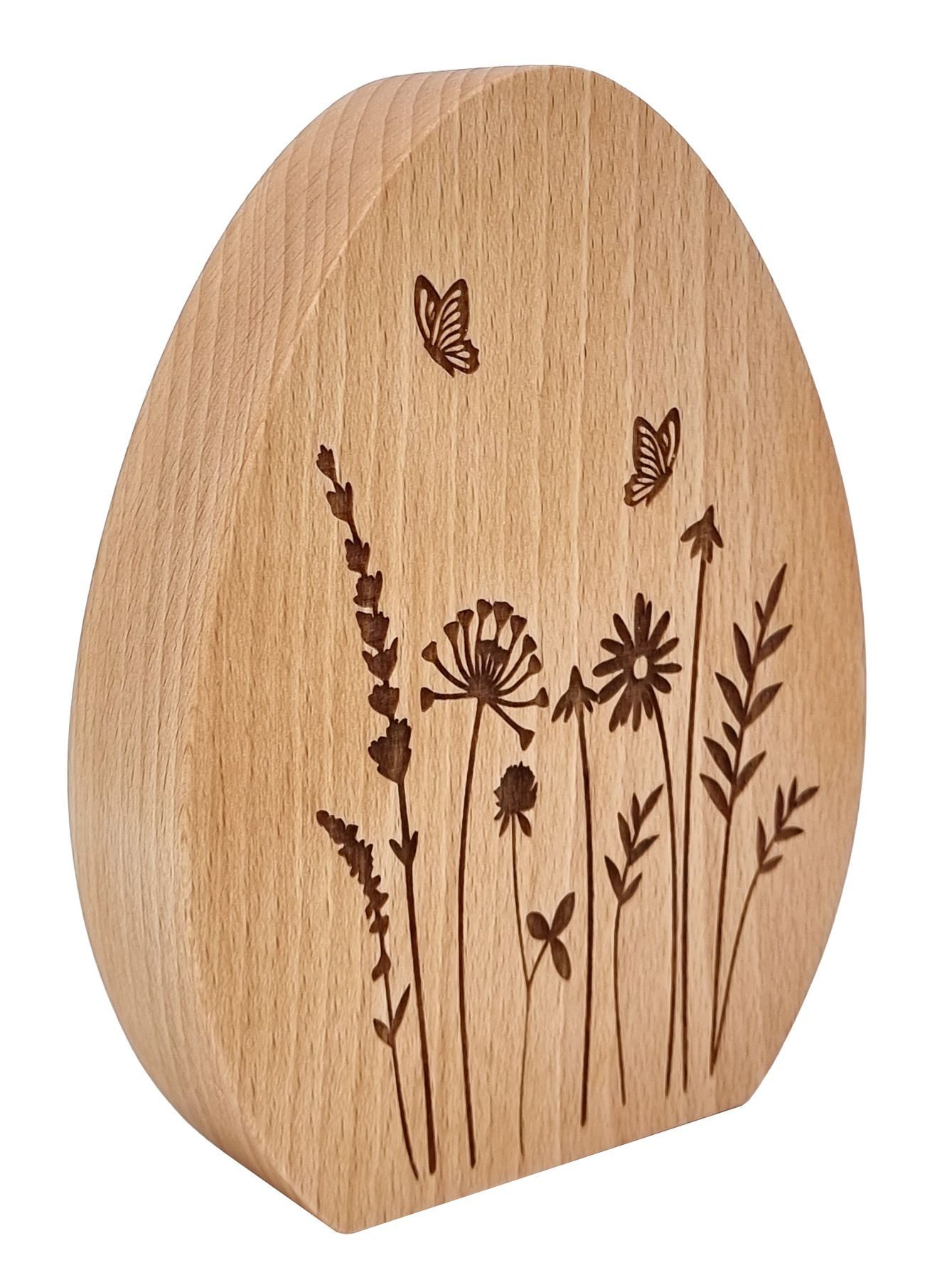 Dekoobjekt Massivholzei mit Wiesen-Gravur Osterei aus Buchenholz Dekoei