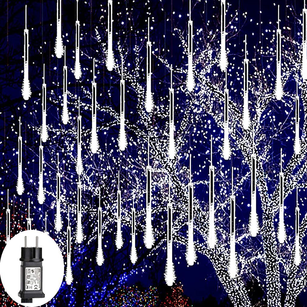 8 Rohr LED Meteorschauer Regen Schneefall Plug-In Lichterketten Weißes Licht 