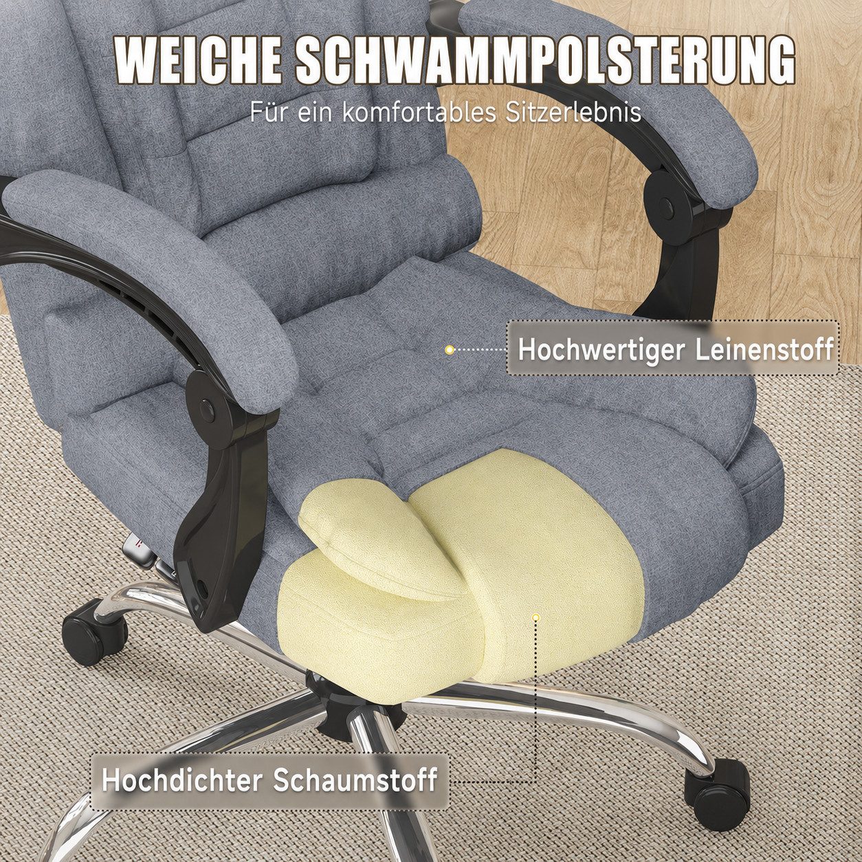 ZAISZE Chefsessel Bürostuhl, Ergonomischer Bürostuhl, Stoff Schreibtischstuhl (Hohe Rückenlehne Ergonomische Liege mit Kippfunktion 360° Drehbarer Schreibtischstuhl, Gaming Stuhl mit dickem Kissen), Chefsessel Drehstuhl, Höhenverstellbar für Zuhause und Arbeit