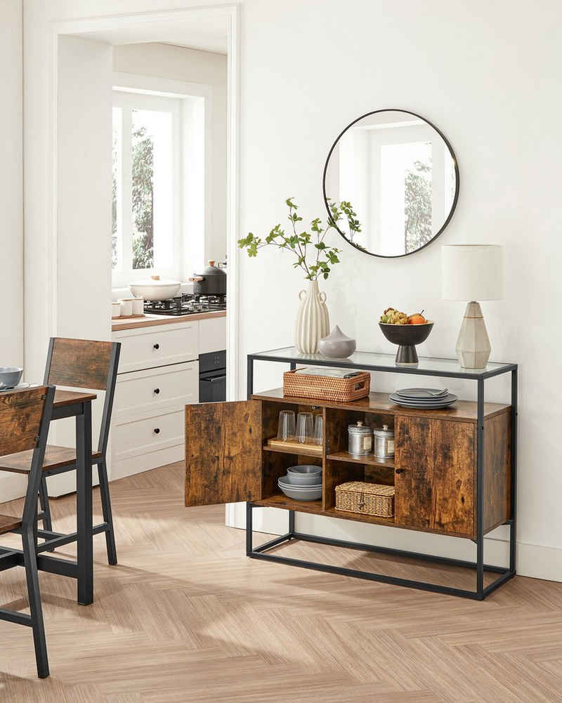 VASAGLE Sideboard Küchenschrank, mit Glasoberfläche und offenen Fächern