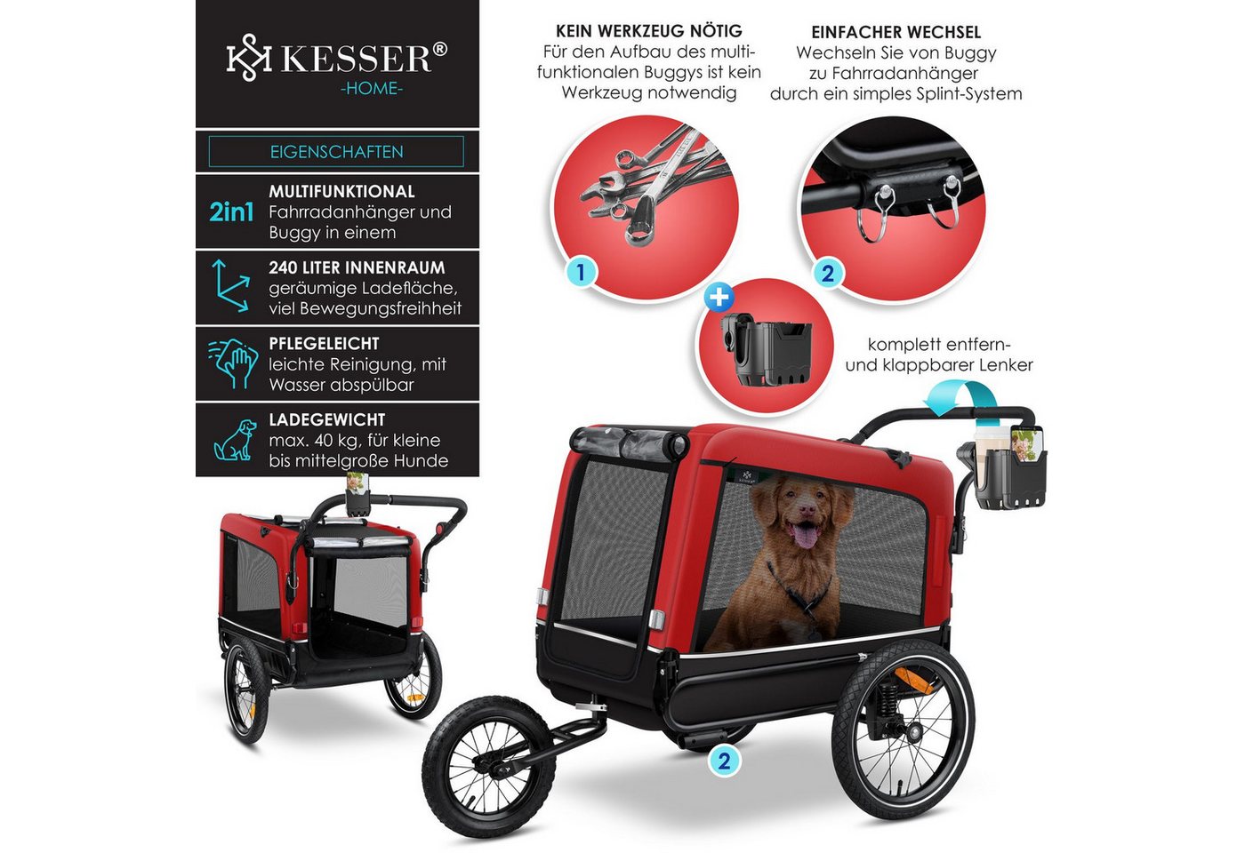 Thumbnail - KESSER Fahrradhundeanhänger, Hundeanhänger Boxer 3-in-1 Hundebuggy Jogger Fahrradanhänger