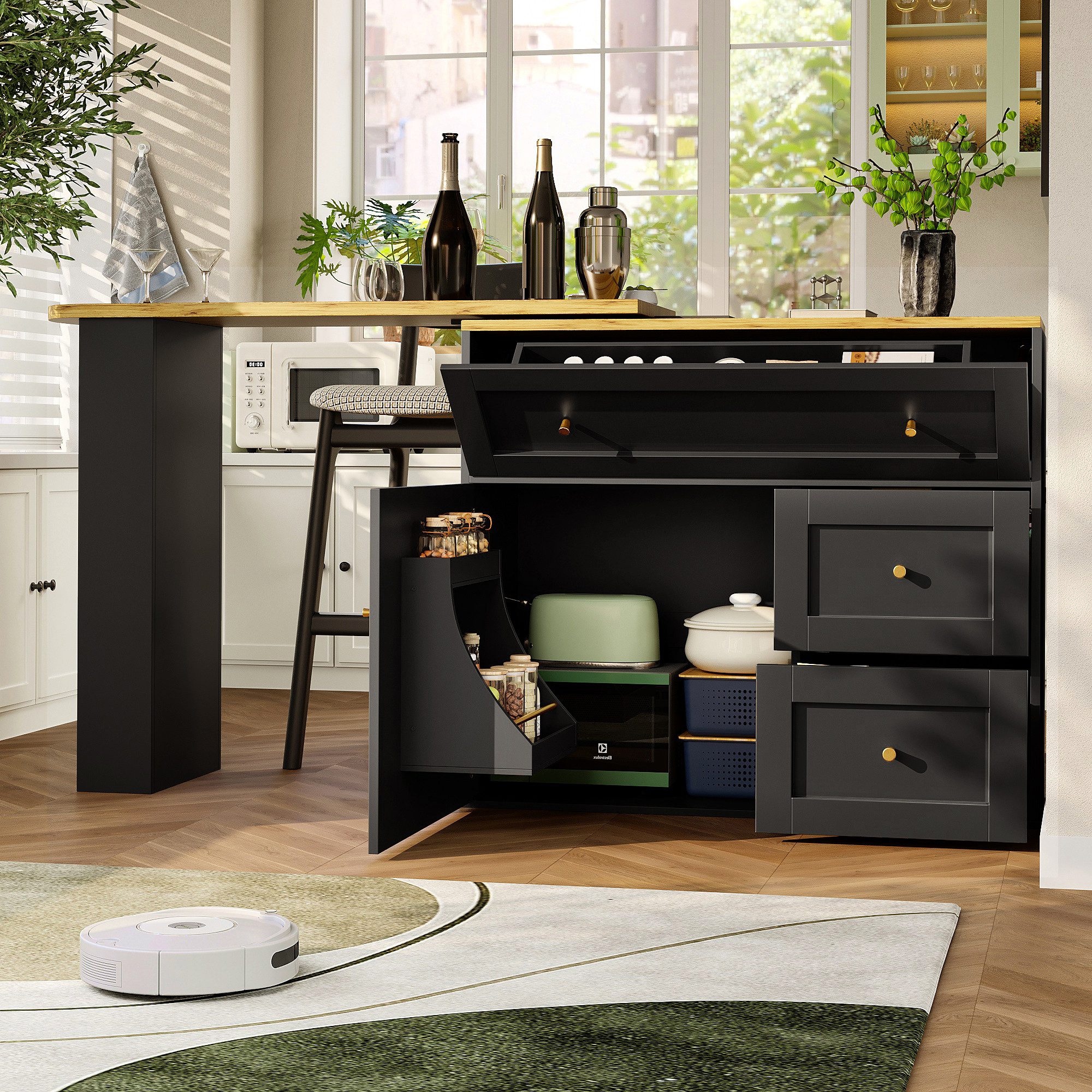 Flieks Bartisch 360° drehbar Stehtisch Kommode mit Schubladen, Türablage und Klappen (Länge 138-204/T39/H105 cm, 2-St., 2er Set), schwenkbar Küchenschrank Sideboard mit Tisch und Stauraum Kücheninsel