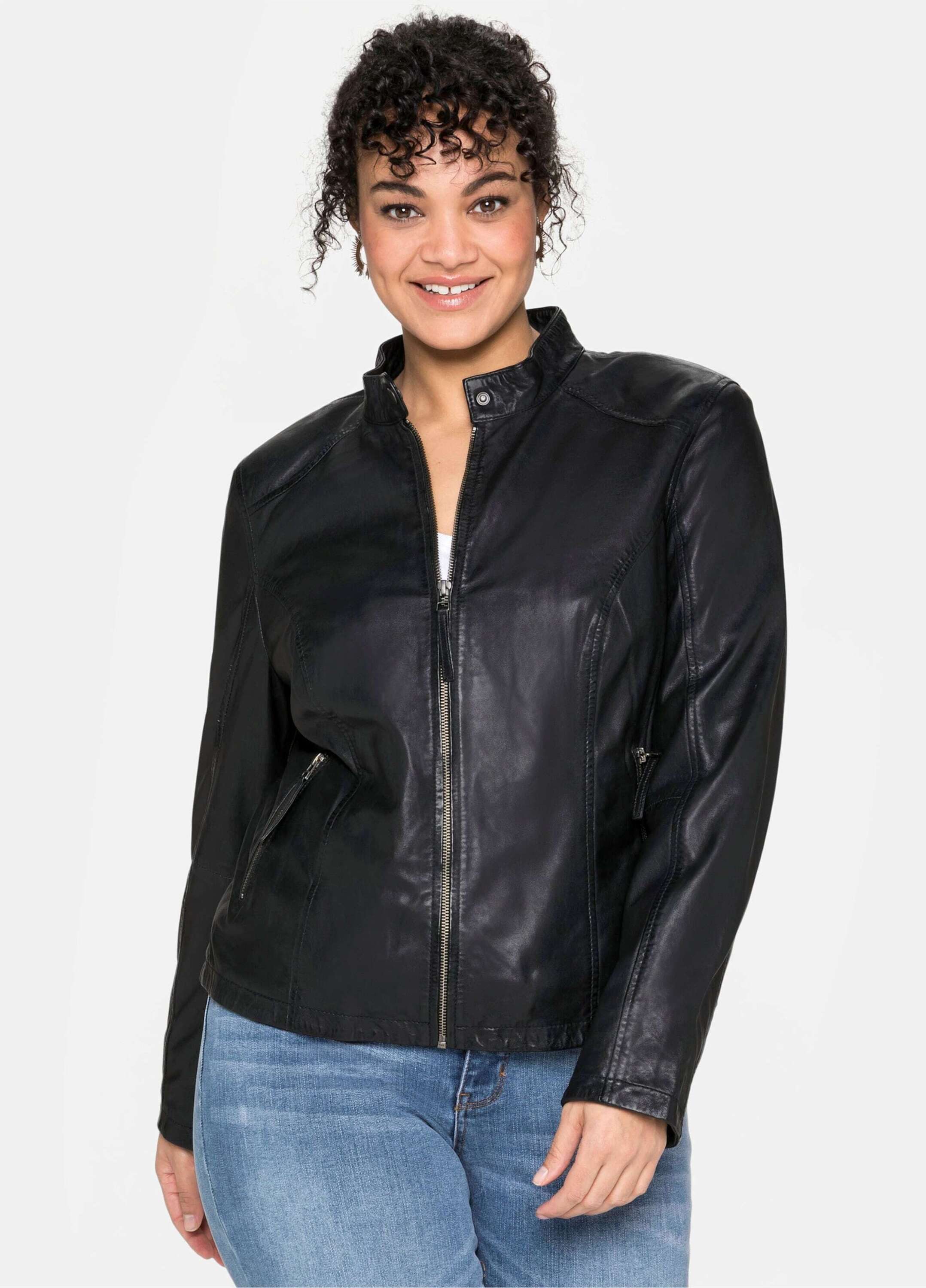 Sheego Winterjacke Leder-Jacke Langarm aus Lammnappa, mit Stehkragen – Bild 3 von 5