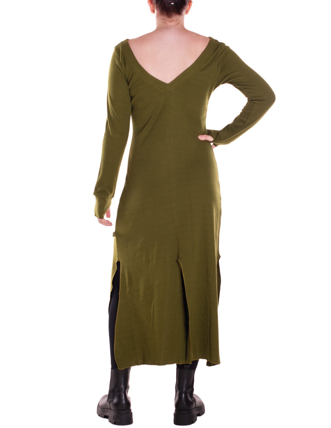 Vishes Midikleid Kleid knielang aus Baumwolle - V-Ausschnitt, Daumenlöcher, einfarbig Alternative Bekleidung, Ethno, Hippie, Retro Style