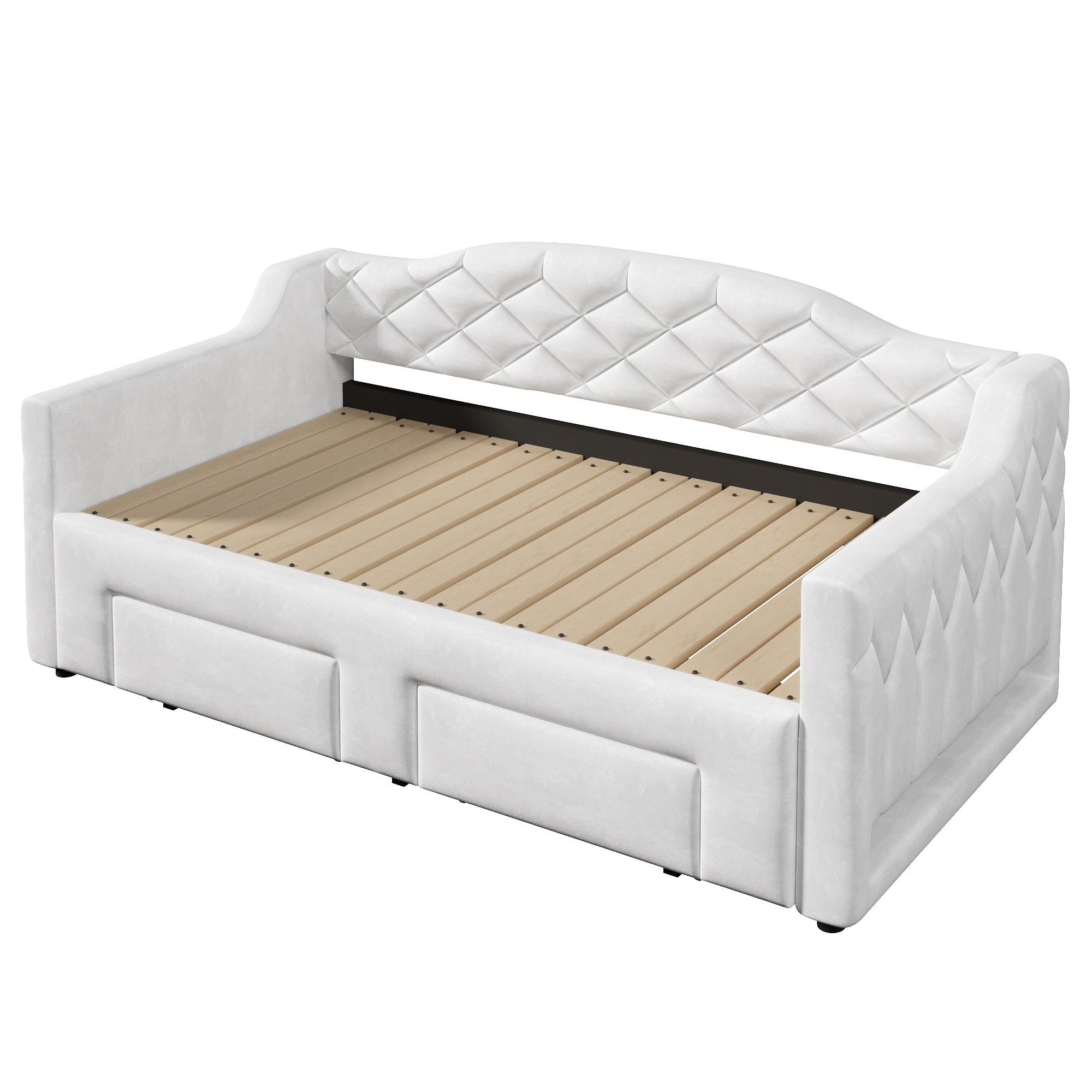 SOFTWEARY Schlafsofa mit Ausziehbett und Stauraum, mit Lattenrost und RGB LED-Streifen, Liegefläche erweiterbar, Polsterbett, Einzel- oder Doppelbett, Tagesbett, Daybett, Samt
