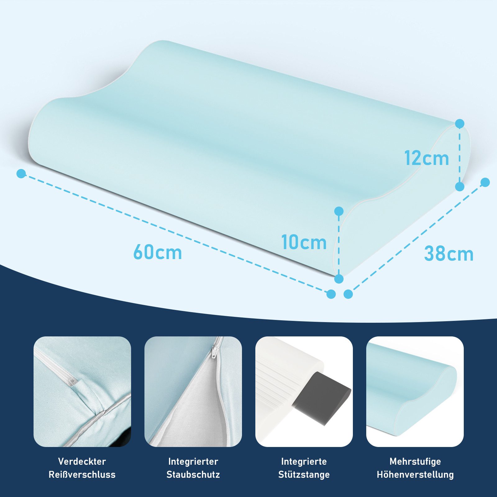 ROYGBIV Kopfkissen Ergonomisches Nackenkissen aus Memory Foam, Wellendesign, Atmungsaktiver & Waschbarer Bezug 60 x 38-10/12 cm