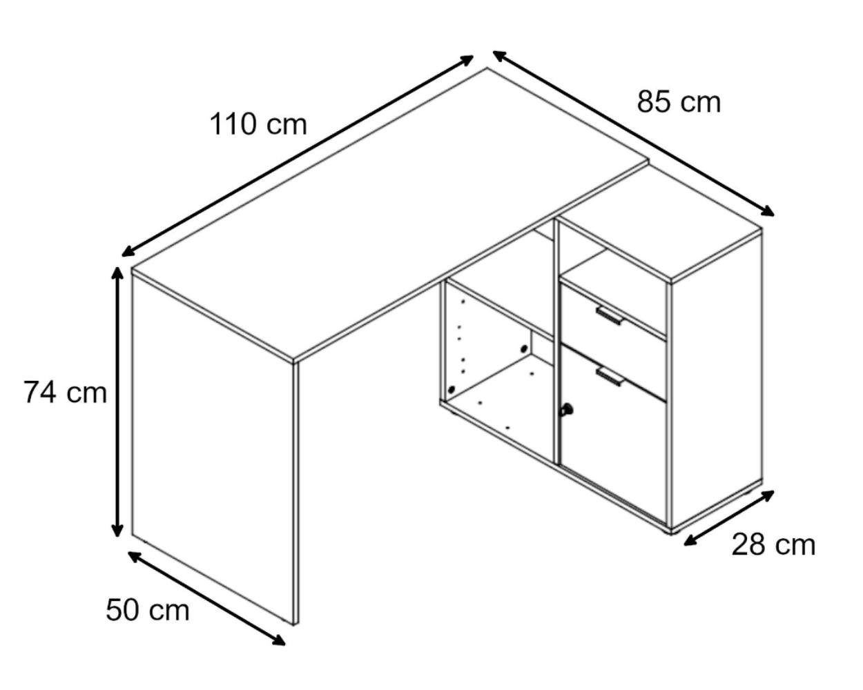 BMG Möbel Eckschreibtisch LENI (Schreibtischplatte mit Regal), Breite 110 cm, spiegelverkehrt montierbar, abschließbare Tür