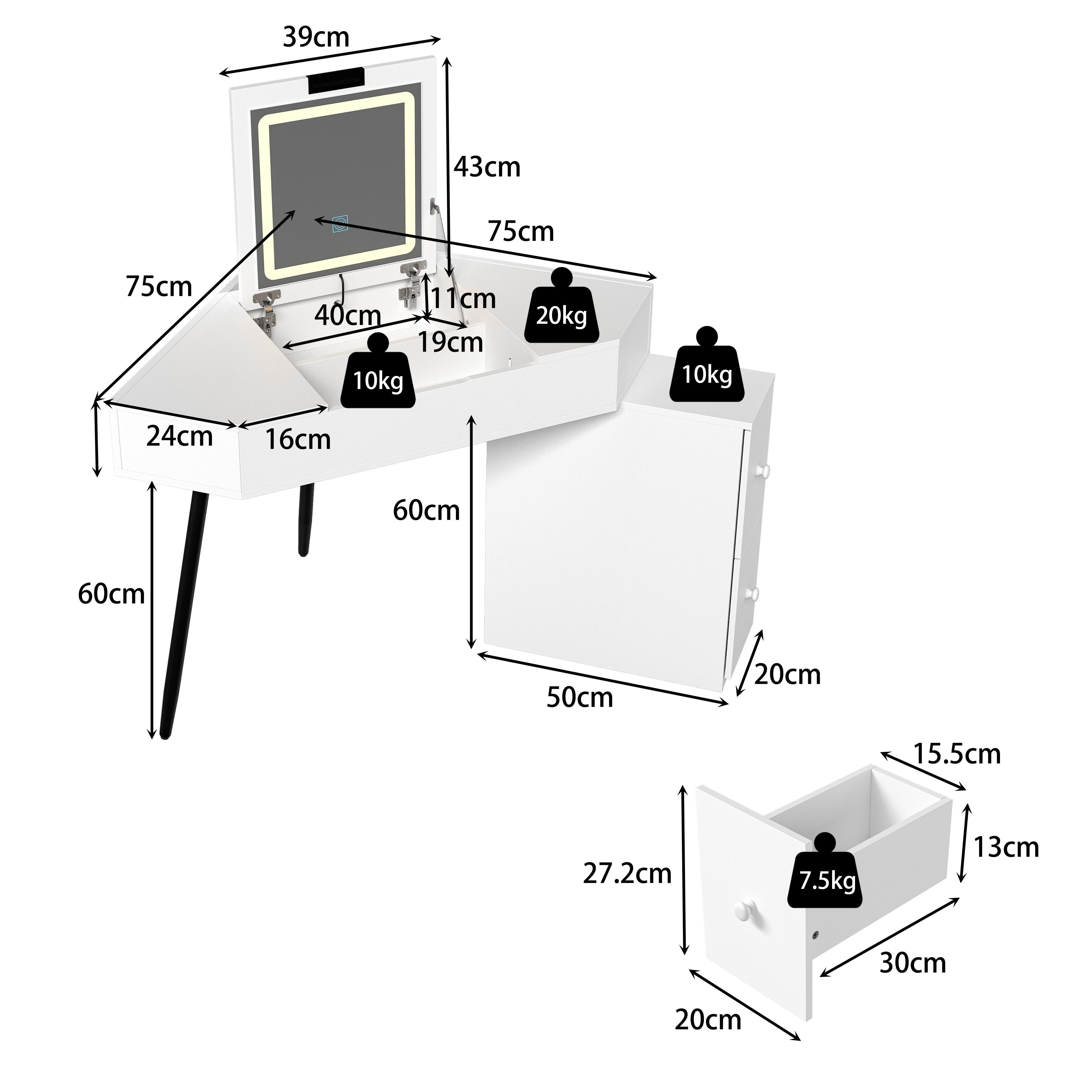 FUFU&GAGA Schminktisch 100-110cm LED-Spiegel Frisiertisch Weiß, Schubladen – Bild 4 von 5