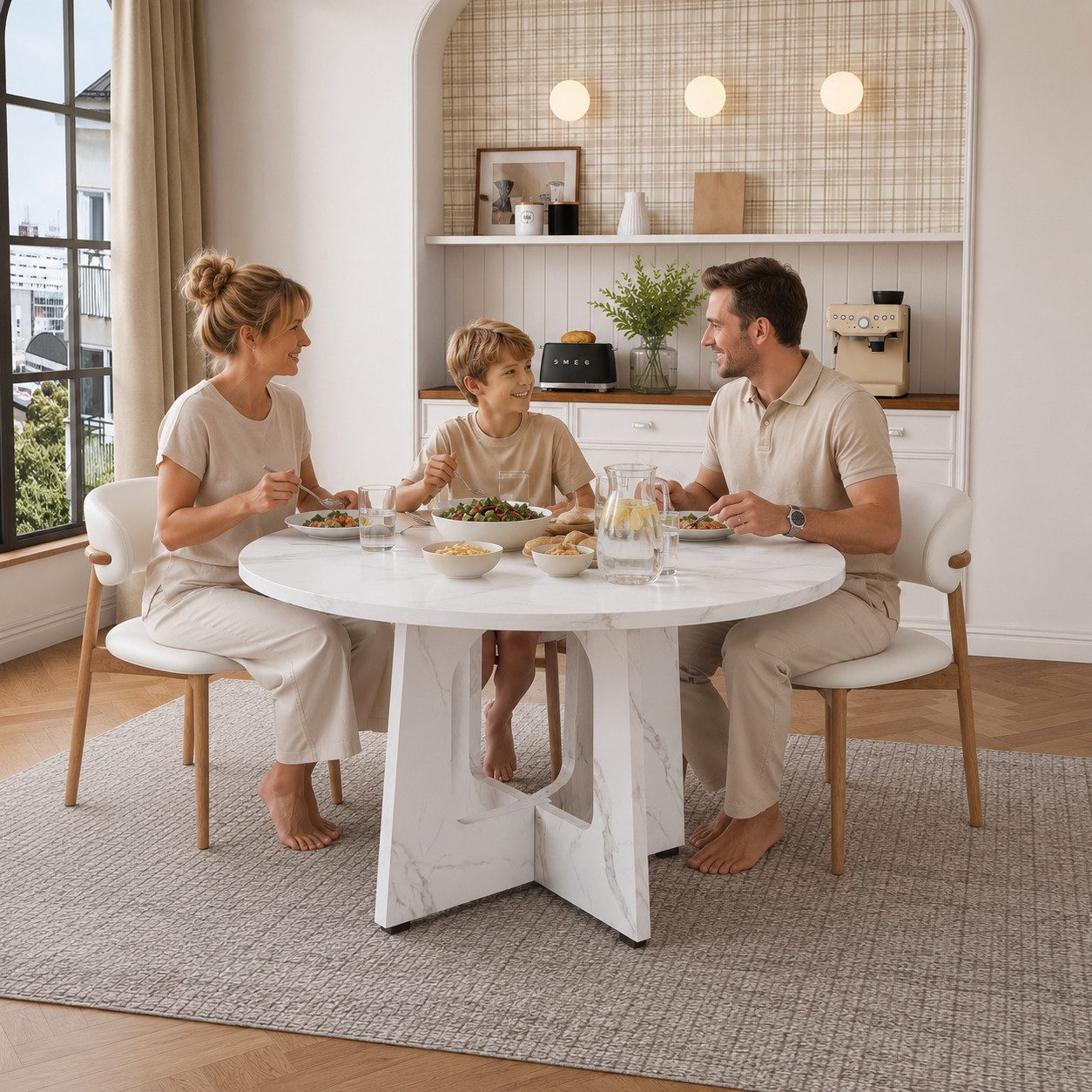 KLAM HOME Esstisch Runder Esstisch Walnussoptik 120cm aus robustem MDF (Mid-Century Rundtisch für 3-4 Personen mit Ausgleichsfüßen), Kratzfester modularer Esstisch für Küche und Esszimmer