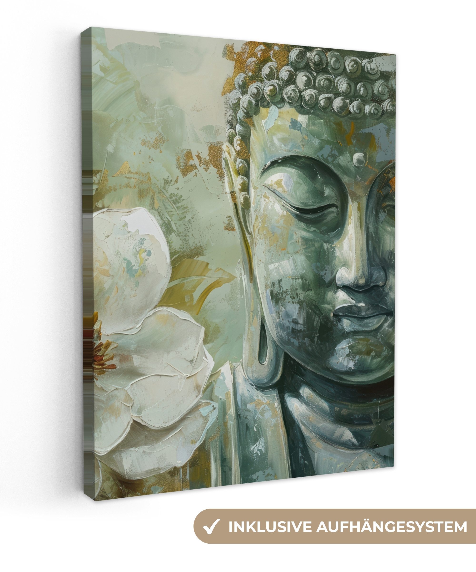 OneMillionCanvasses® Leinwandbild Buddha - Grün - Lotusblume - Weiß, Fotodruck (1 St), Leinwand Bilder für Wohnzimmer Schlafzimmer 30x40 cm