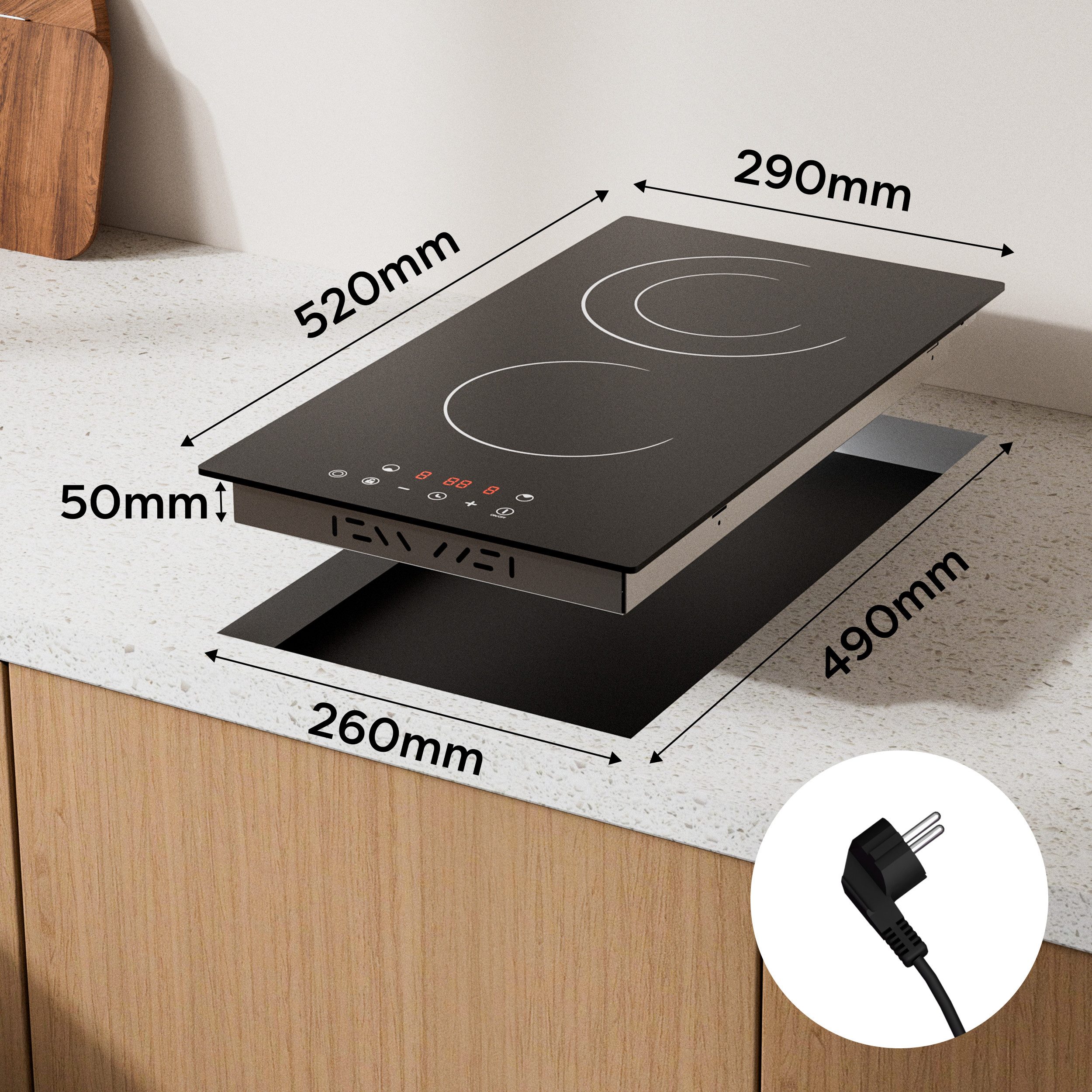 CDV Elektro-Kochfeld 30 cm Doppel-Ring Cerankochfeld 2 Zonen Einbau & Standgerät CDVER322, 9 Stufen, Touch Control mit Timer und Stecker, 3200 W