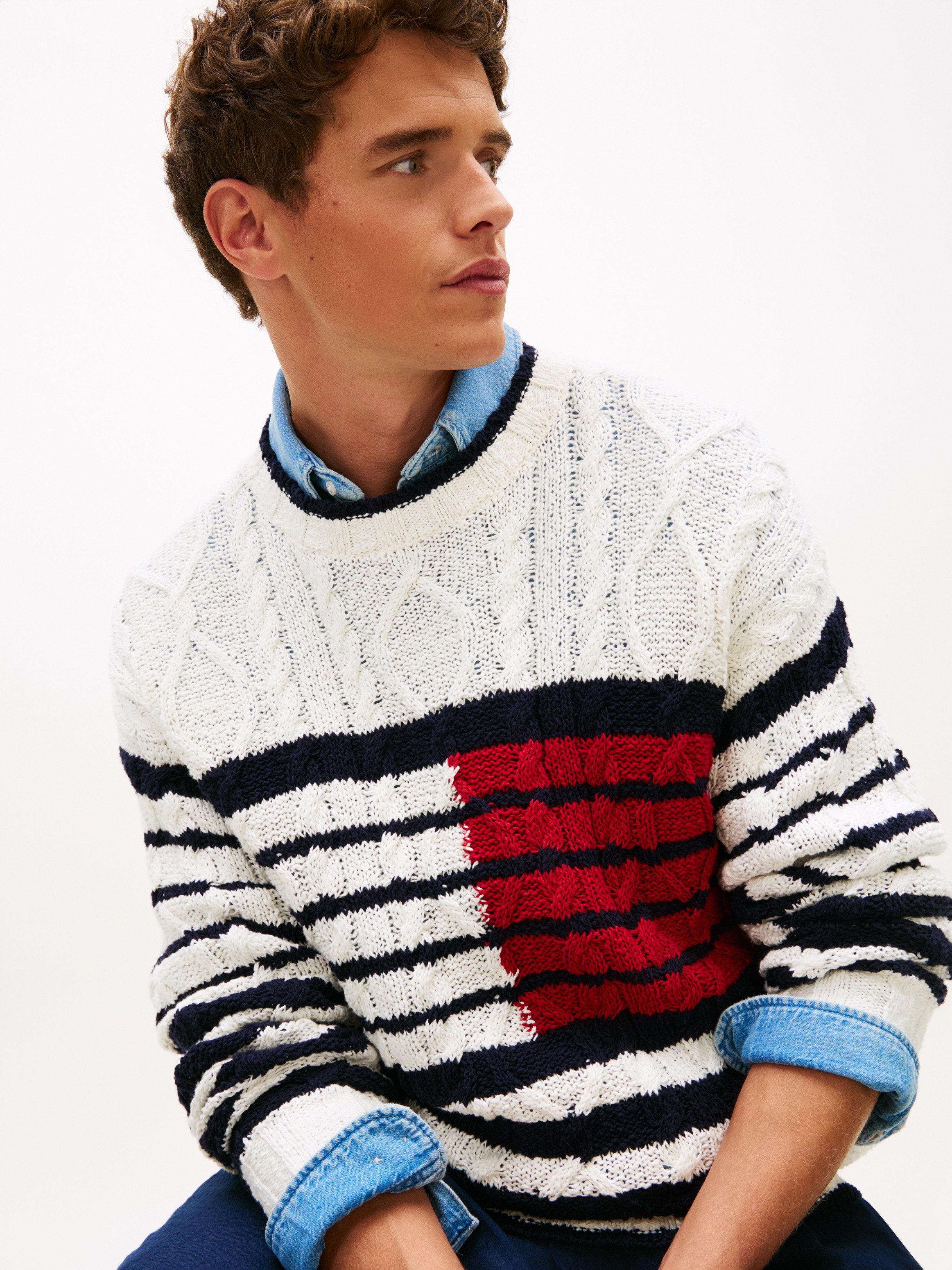 Tommy Hilfiger Strickpullover BRETON FLAG CABLE Regular fit mit Rundhalsaus günstig online kaufen