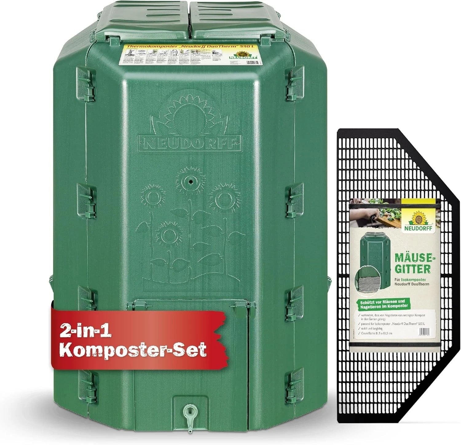 Neudorff Thermokomposter mit Bodengitter, 530 l, (2-teiliges Set, Thermokomposter inklusive Mäusegitter), Doppelwandiger Thermokomposter mit Mäusegitter