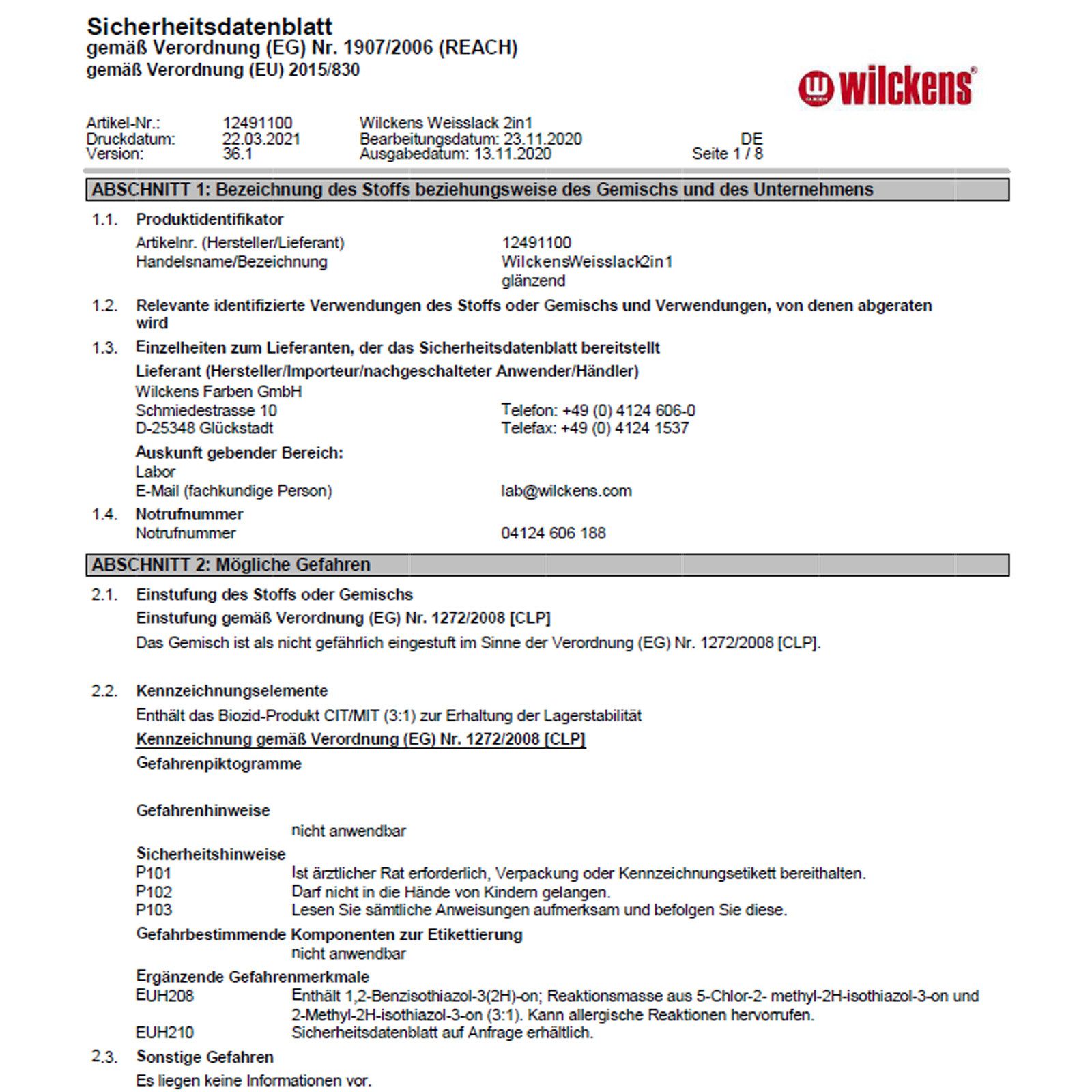 Wilckens Farben Holzlack Weisslack 2in1 Glänzend 0,75 LTR