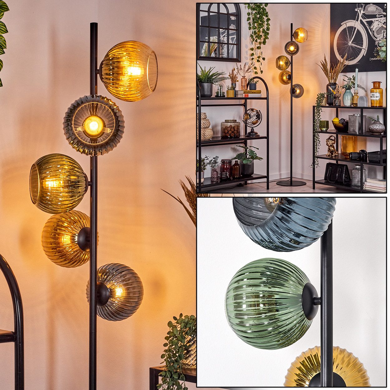 hofstein Stehlampe Stehlampe aus Metall/Riffelglas in Schwarz/Grün/Blau/Gold/Klar, E14, ohne Leuchtmittel, Stehleuchte im Retro-Design mit Glasschirmen u. Fußschalter (15 cm)