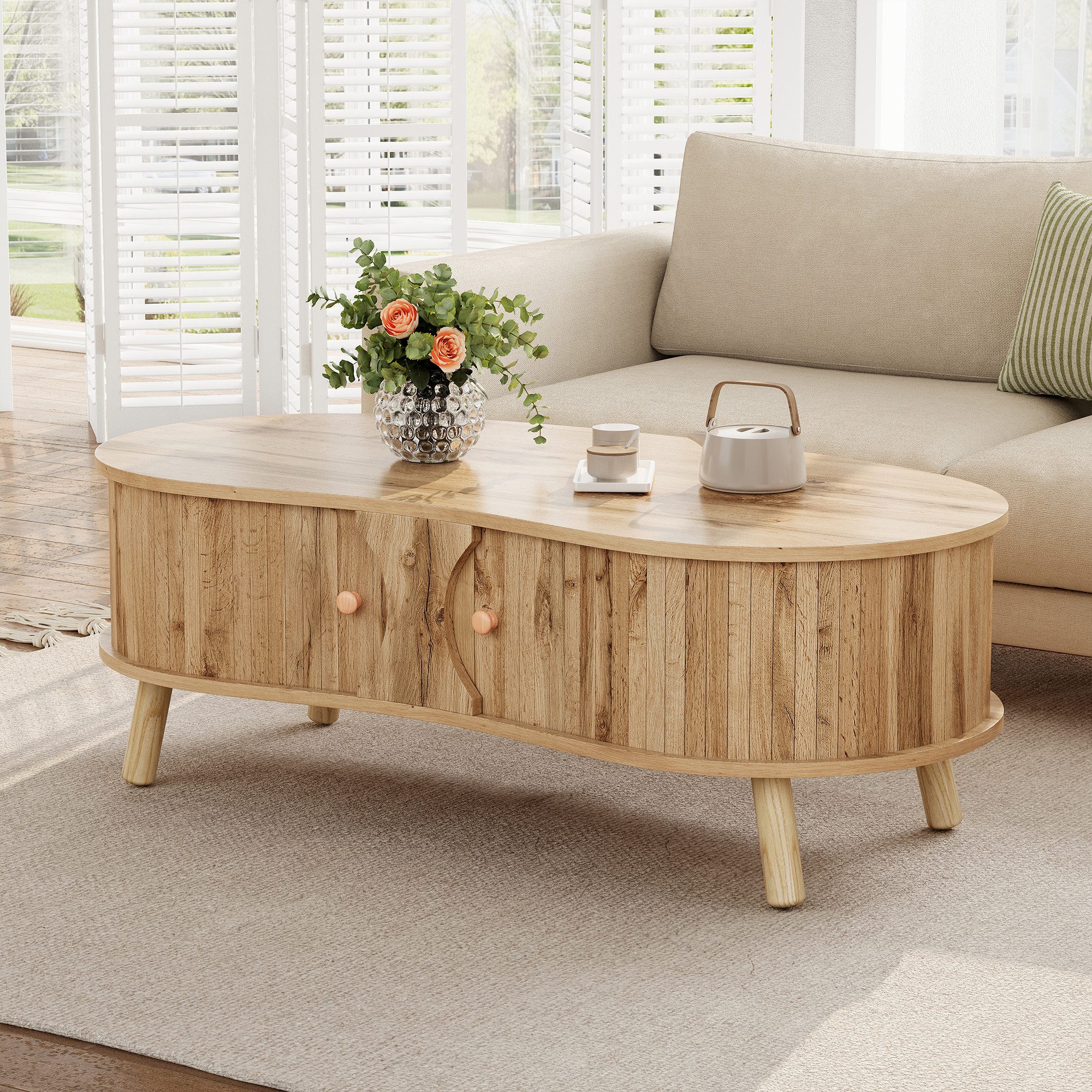 MODFU Couchtisch 108x37x50 cm Runder Couchtisch in Erbsenform mit Rillendesign (Packung, 1-St., 2 Schiebetüren für versteckten Stauraum, Holzoptik), Stabile Massivholzbeine, vielseitig im Wohnzimmer nutzbar