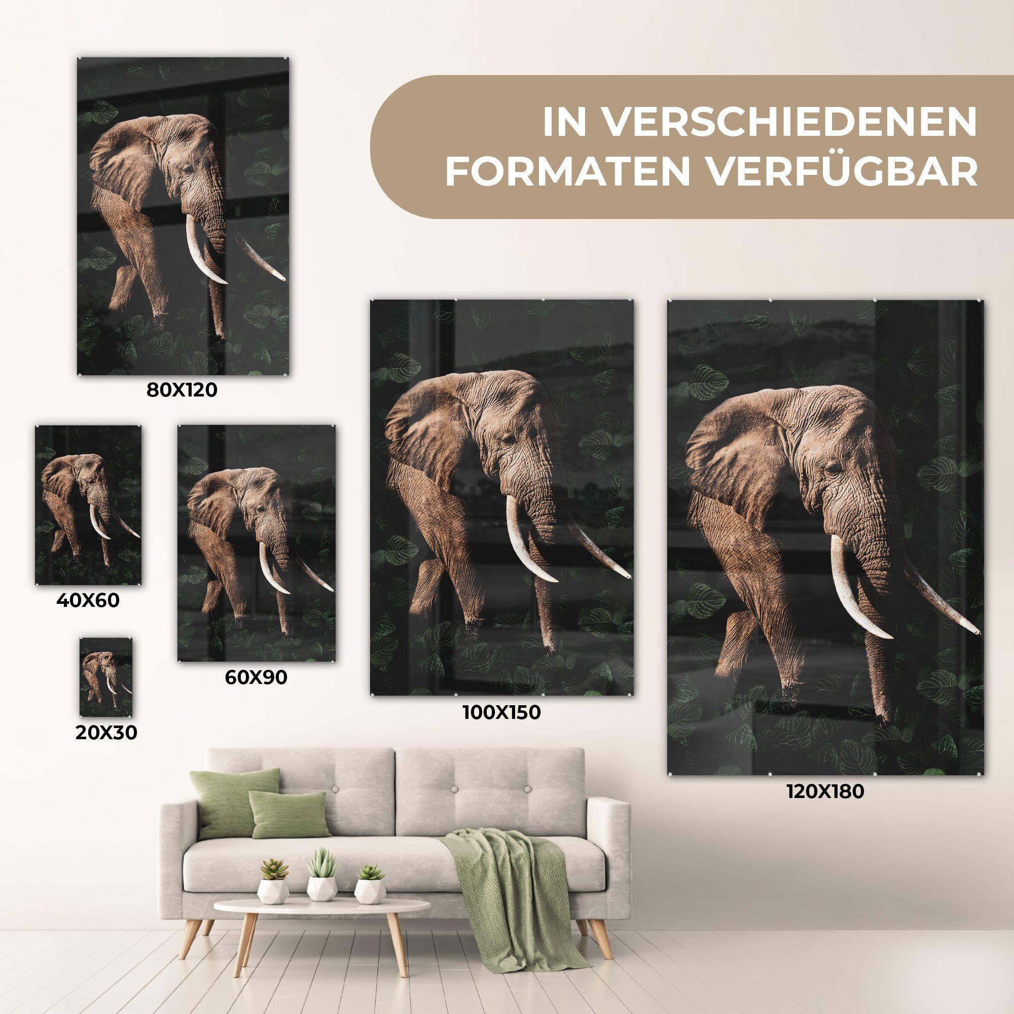 MuchoWow Acrylglasbild Elefant auf bunt - Wandbild (1 Wanddekoration Bilder - St), Glas Dschungel Foto - auf Schwarz, Glasbilder Glas - 