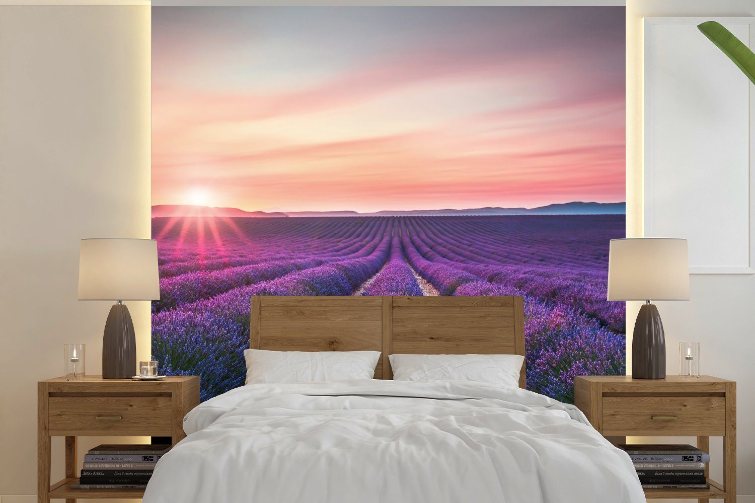 MuchoWow Fototapete Lavendel - Lila - Blumen, Matt, bedruckt, (5 St), Vinyl Tapete für Wohnzimmer oder Schlafzimmer, Wandtapete
