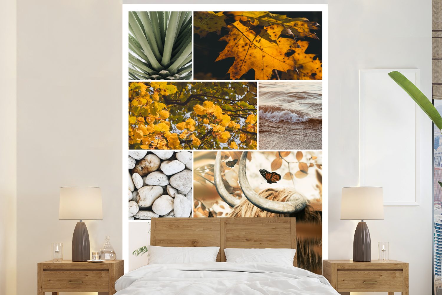 MuchoWow Fototapete Schottische Highlander - Collage - Meer - Pflanzen, Matt, bedruckt, (3 St), Montagefertig Vinyl Tapete für Wohnzimmer, Wandtapete