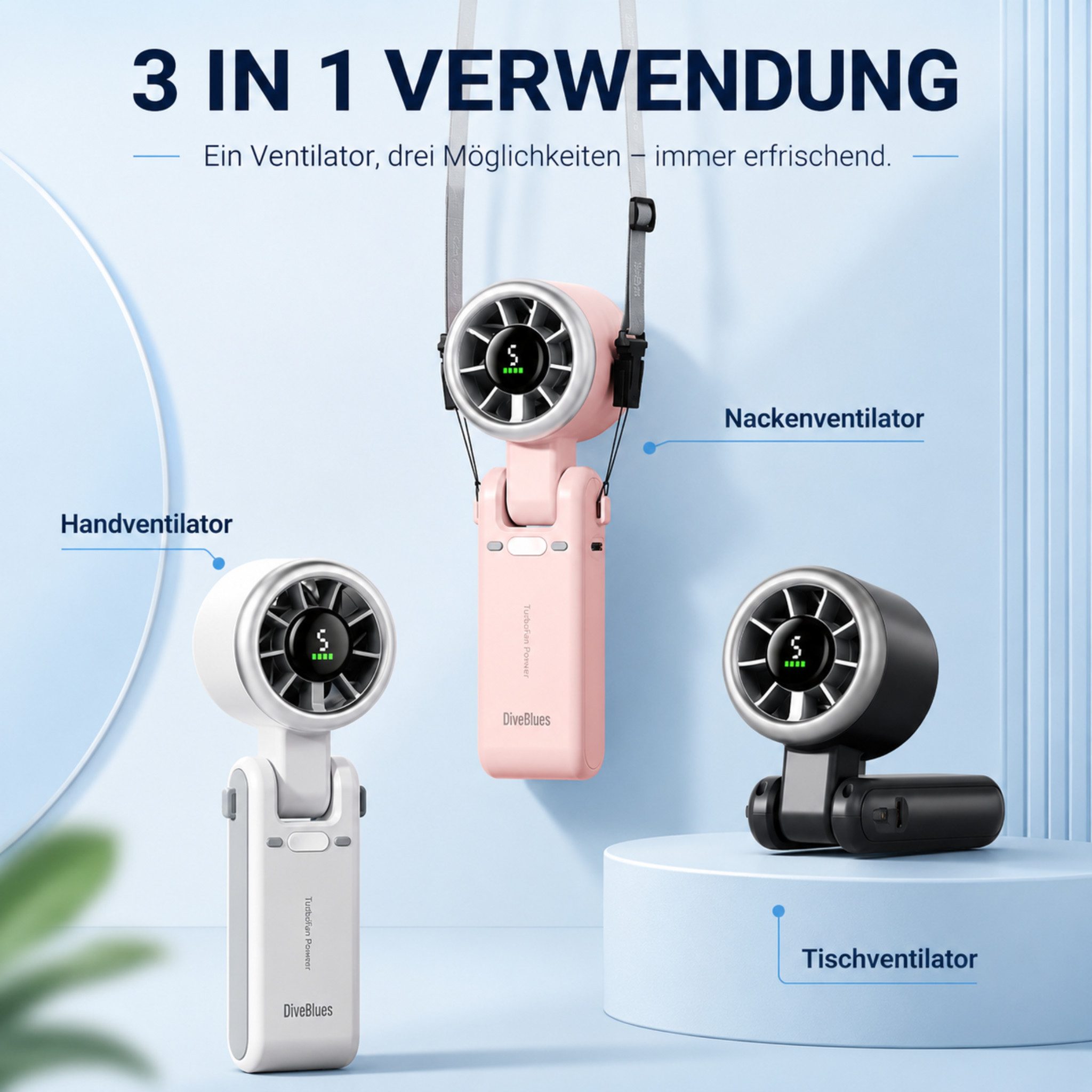 HS.SUPPLY Handventilator Handventilator 3-in-1 4000mAh Akku USB-C LED 5 Stufen, 5,6 cm Durchmesser, 3-in-1 Ventilator mit 4000 mAh Akku und LED-Display – Bild 4 von 5