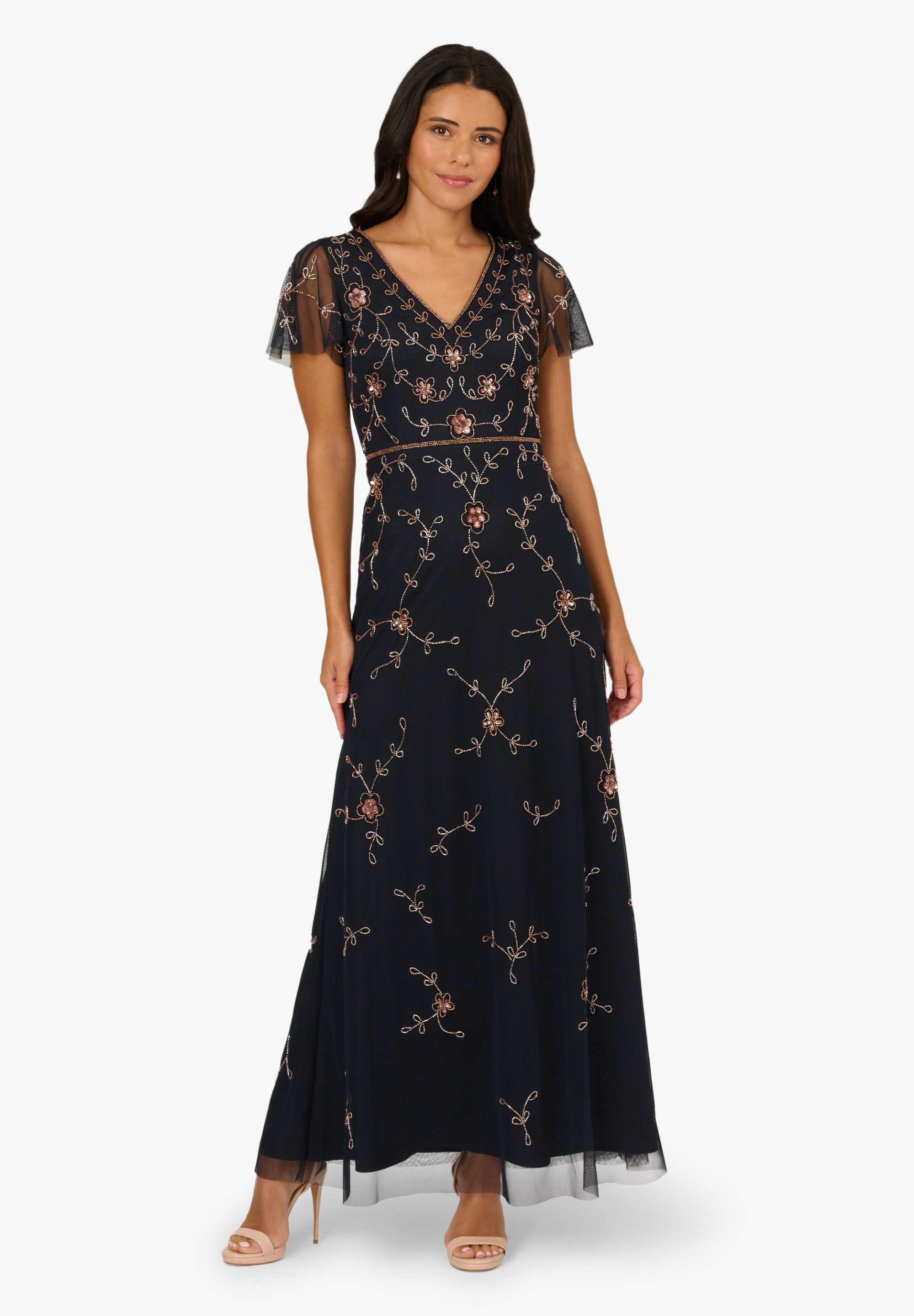 Adrianna Papell Abendkleid Short Sleeve Floral Beaded Mermaid Gown Elegant, vollständig mit Perlen bestickt und klassisch