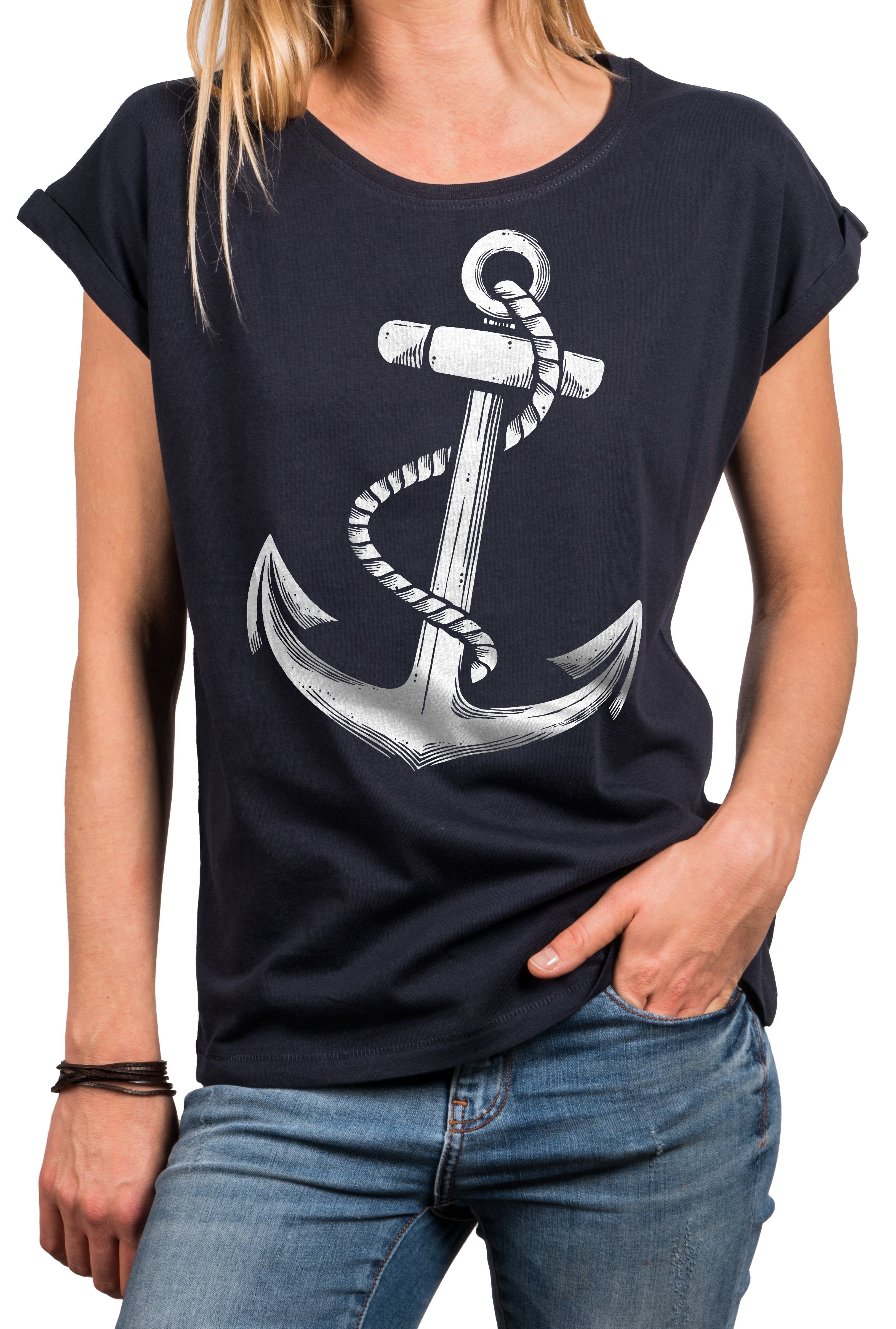 MAKAYA Print-Shirt Damen Anker Motiv Sommer Top Maritime Frauen Oberteile Tunika (Kurzarm, Rundhals, blau, grau, rosa, schwarz) aus Baumwolle