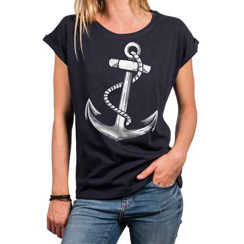 MAKAYA Print-Shirt Damen Anker Motiv Sommer Top Maritime Frauen Oberteile Tunika (Kurzarm, Rundhals, blau, grau, rosa, schwarz) aus Baumwolle, große Größen