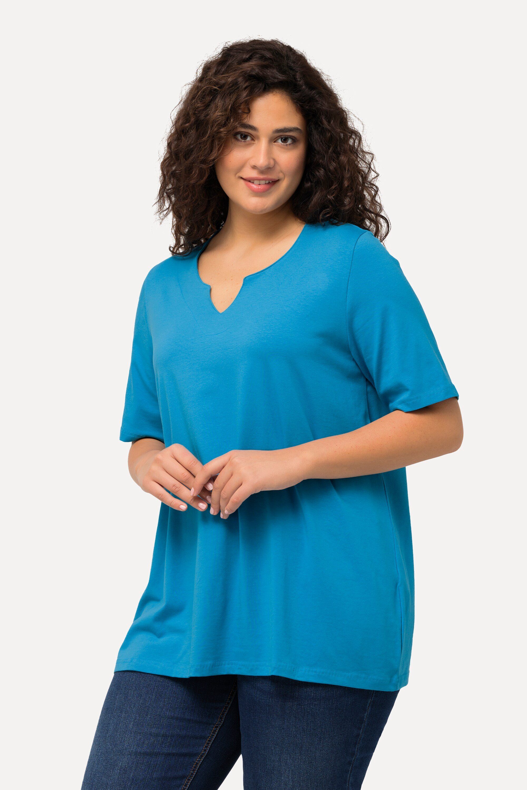 Ulla Popken Rundhalsshirt T-Shirt A-Linie Tunika-Ausschnitt Halbarm aqua