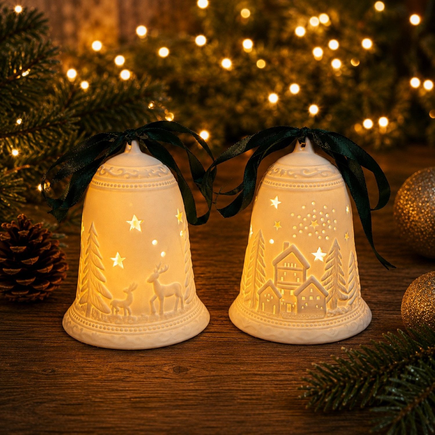 Online-Fuchs LED Dekolicht 2 Glocken aus Keramik mit LED-Beleuchtung - Weihnachtsdeko innen, ausgestanzte Sterne sorgen für ein tolles Lichtspiel, warmweiß oder seichter Farbwechsel wählbar, praktische 6-Stunden Timerfunktion enthalten