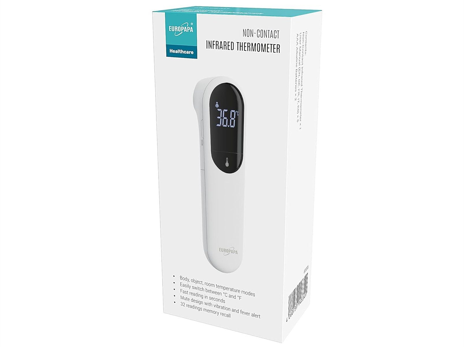 EUROPAPA Fieberthermometer Fieberthermometer für Baby Kinder Erwachsene, 1 x Fieberthermometer & 2 x AAA-Batterien im Lieferumfang enthalten, Stirnthermometer, Fieberalarm, °C/°F Schalter, 32-facher Messwertspeicher