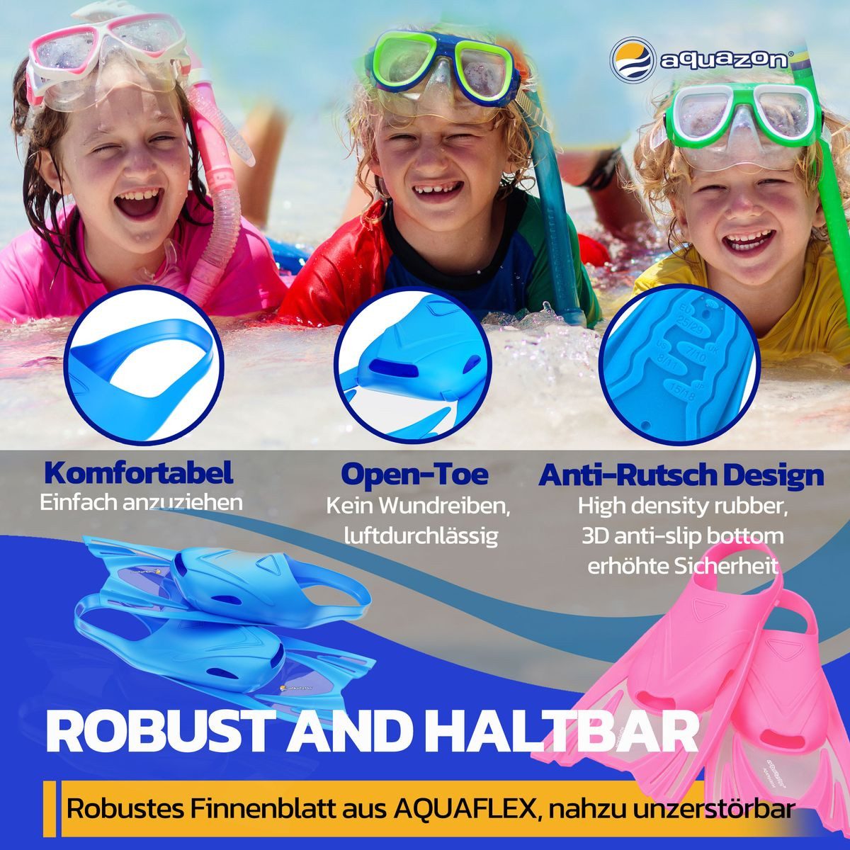 AQUAZON Flosse Kinder Schwimmflossen JOY, leicht anzuziehen in Größen 28 - 35