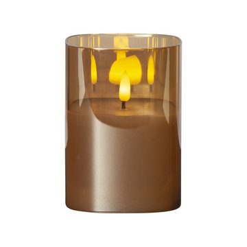 STAR TRADING LED-Kerze Windlicht im Glas Echtwachs flackernde Flamme Timer 12,5cm gold braun