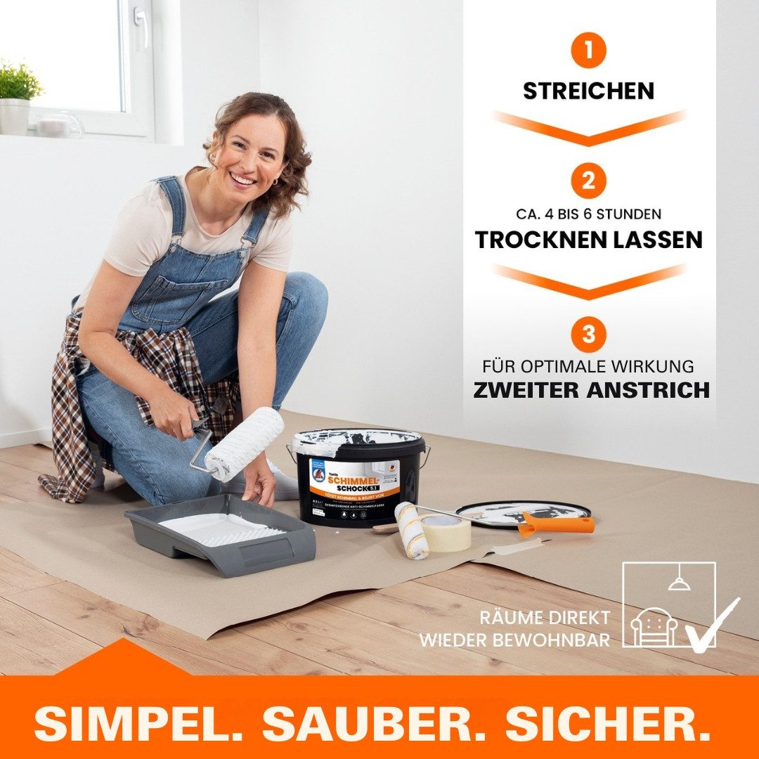 Tonis SCHIMMELSCHOCK Wandfarbe Anti-Schimmel-Farbe 4,5 Liter, Desinfizierender Schimmel-Blocker, Wandfarbe für ca. 18 m2, Schimmel sofort und zuverlässig entfer – Bild 5 von 5