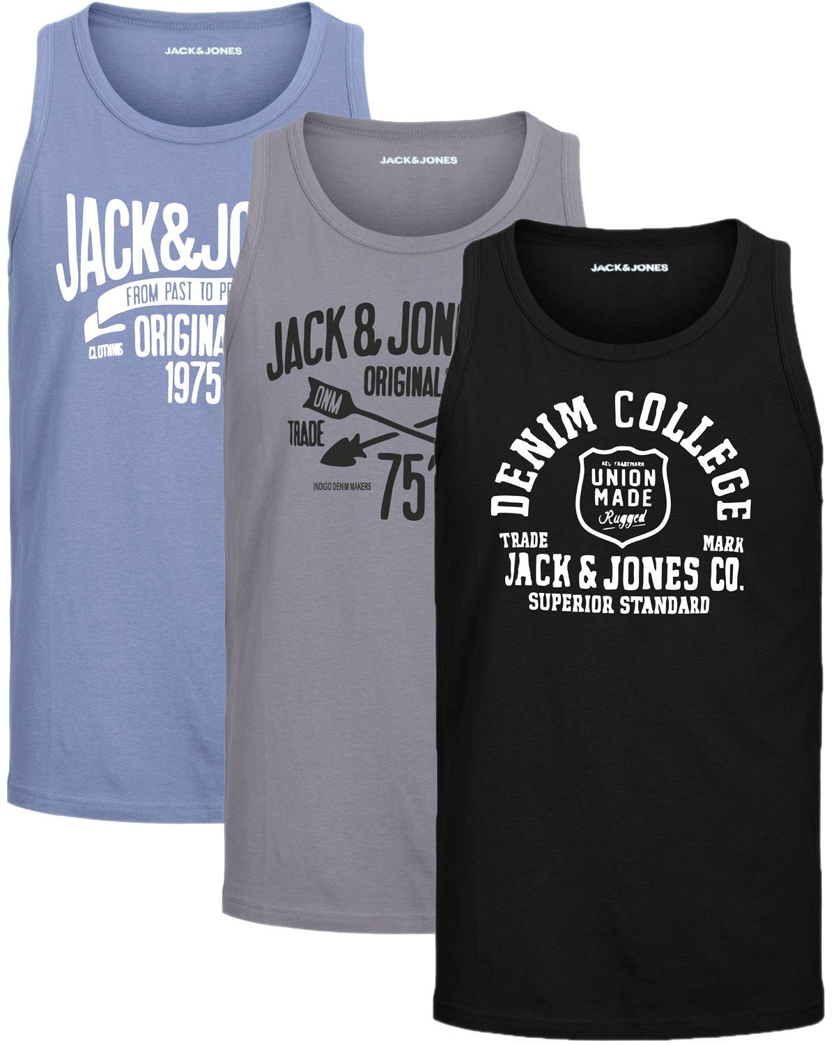 Jack & Jones Tanktop (3er-Pack) in unifarbe, mit Rundhalsausschnitt, mit Print vorne Sedona-OPT4 | Tanktops