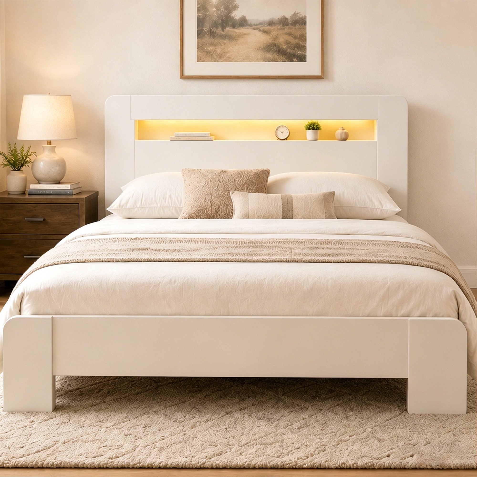 STILVORA Bettgestell 140×200 in Vintage-Holz Jugendbett Plattformbett ohne Matratze (LED-Beleuchtung, Steckdosen, Stauraum, Holz, Vintage-Holzoptik, Plattformbett, bequem, mit Kopfteilablage), für Schlafzimmer, Jugendzimmer, Gästezimmer, kleine Räume