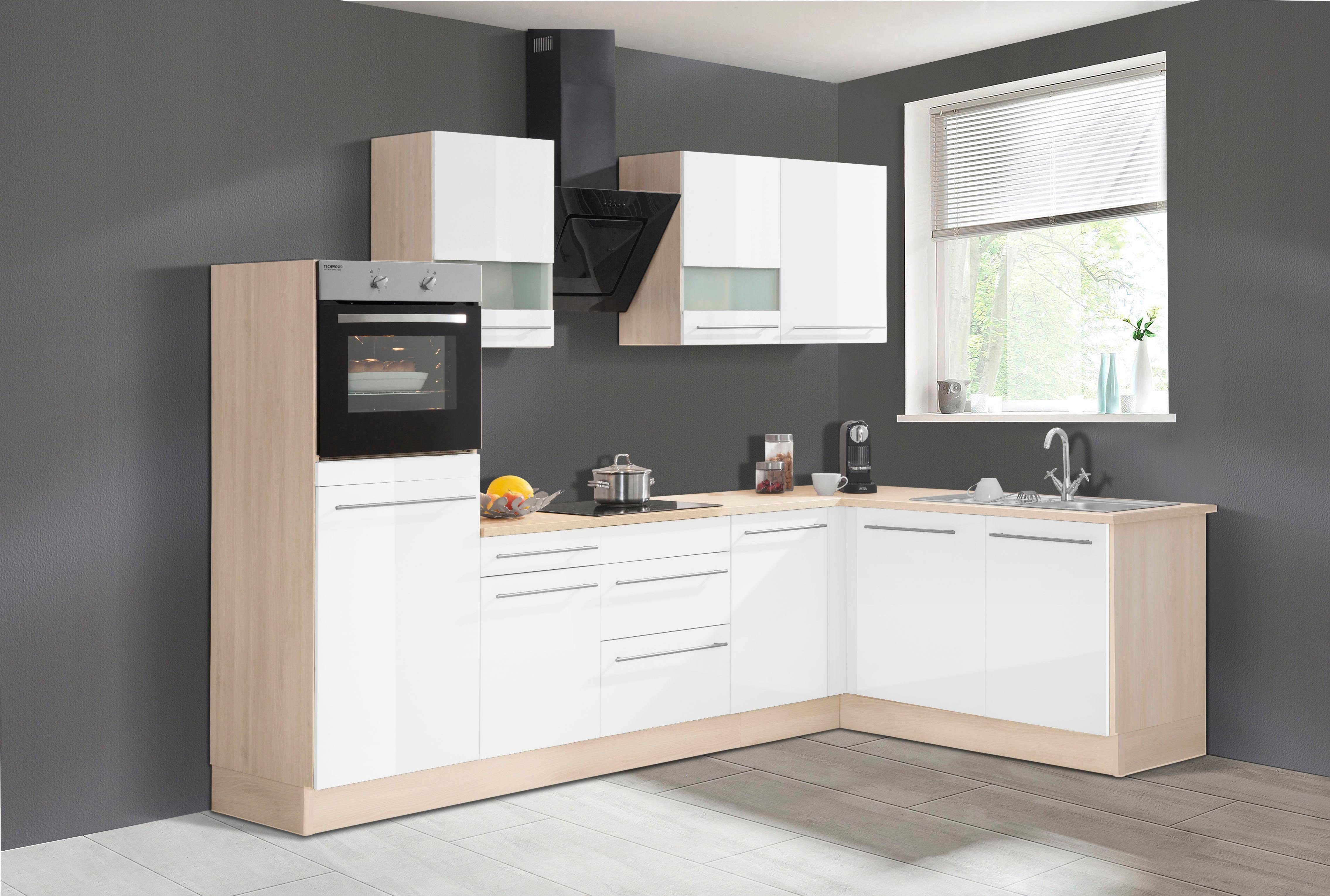 OPTIFIT Winkelküche Bern, Stellbreite 285x175 cm, wahlweise mit E-Geräten weiß Hochglanz/akazie-akazie | weiß Hochglanz | L-Küchen