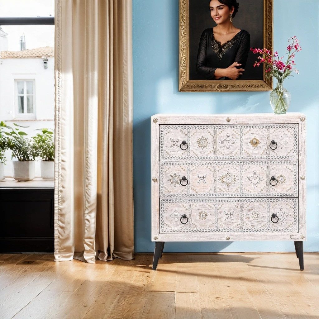 Marrakesch Orient & Mediterran Interior Kommode Boho Kommode Vaqui mit Schubladen aus Mangoholz in Braun-Weiß 80 cm (1 St), Kommode mit Schublade und mit Türen erhältlich