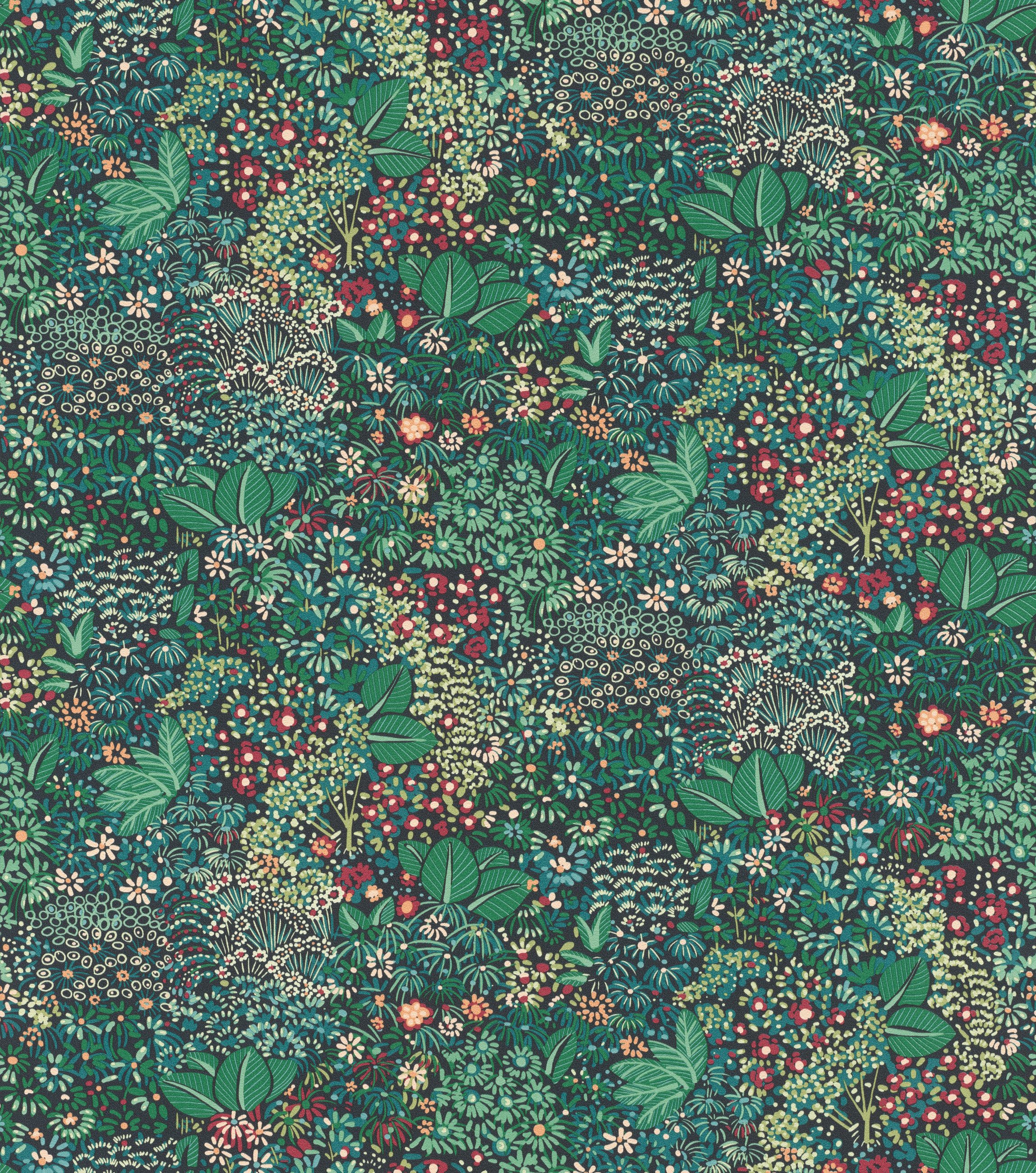 Rasch Vliestapete Blumen mit Pflanzen in Grün, Rot und Blau, strukturiert, floral, Blumenmuster, geblümt, (1 St), Blumentapete