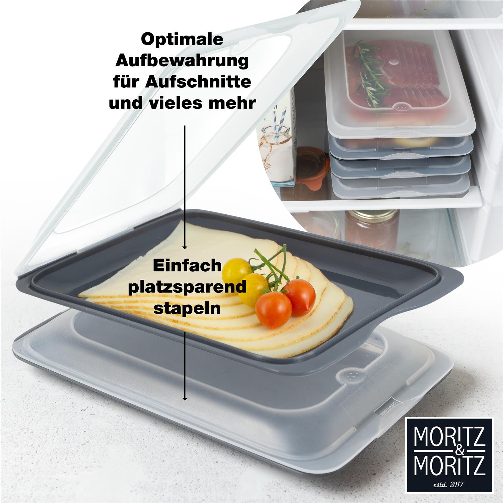 Moritz & Moritz Frischhaltedose 8er Set Aufschnittdosen stapelbar - Frischhaltedosen dunkel, Kunststoff, (Set, 8-tlg., Set), Inkl. 8 Sticker, mit Deckel für Opt – Bild 4 von 5