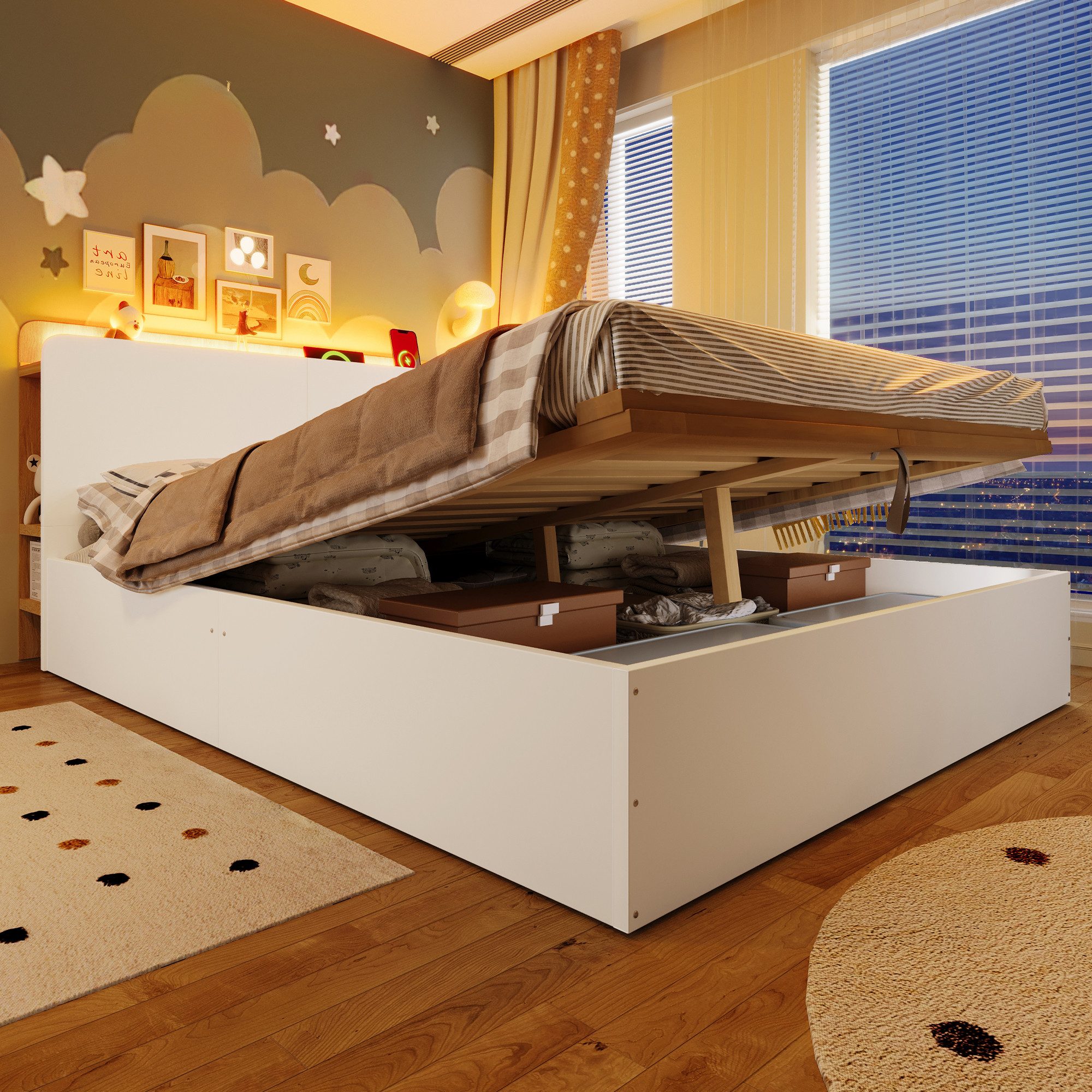 Merax Stauraumbett Paneelbett mit LED Beleuchtung und USB&Typ-C Ladefunktion (1-tlg), Kiefernholz Doppelbett mit hydraulischem Stauraum und Staufachtüren