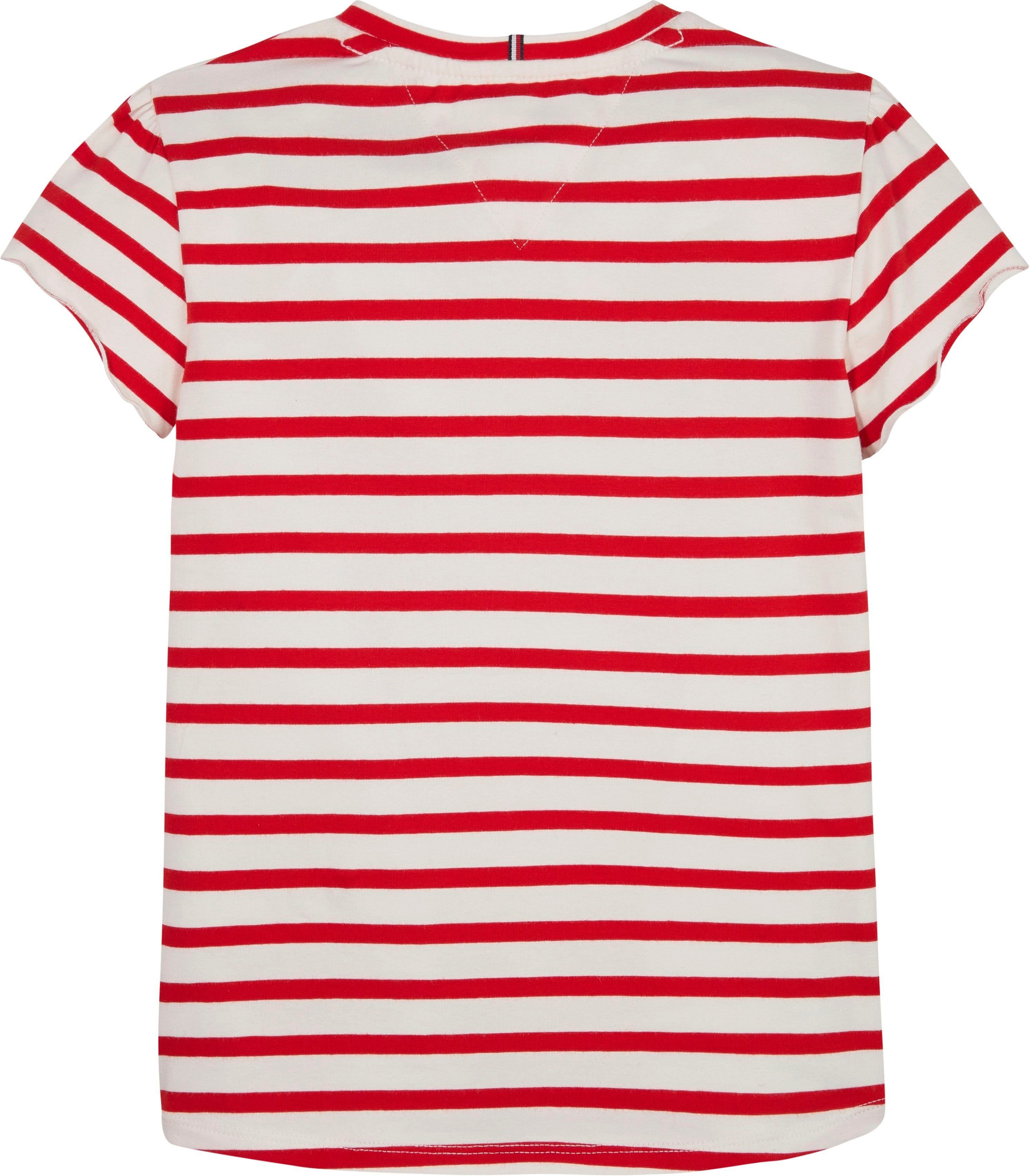 Hilfiger Deep-Crimson-Stripe gestreifter RUFFLE STRIPED in Optik S/S TOP T-Shirt SLEEVE Tommy
