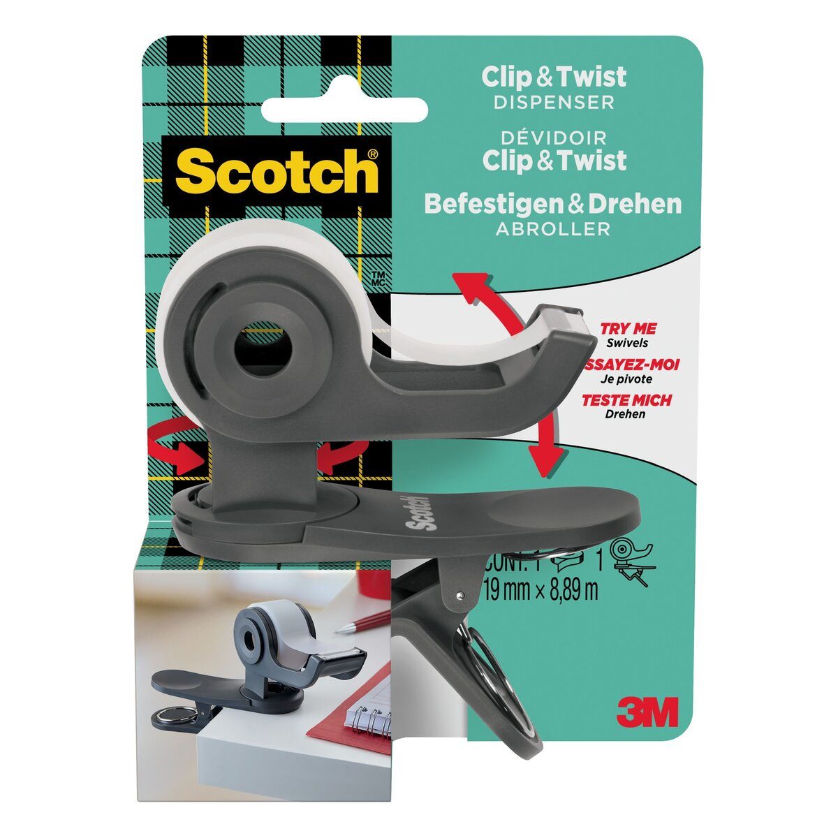 SCOTCH Klebestreifen Klebebandabroller Clip & Twist - inkl. 1 Rolle 19 mm x 8,89 m dunkelgr