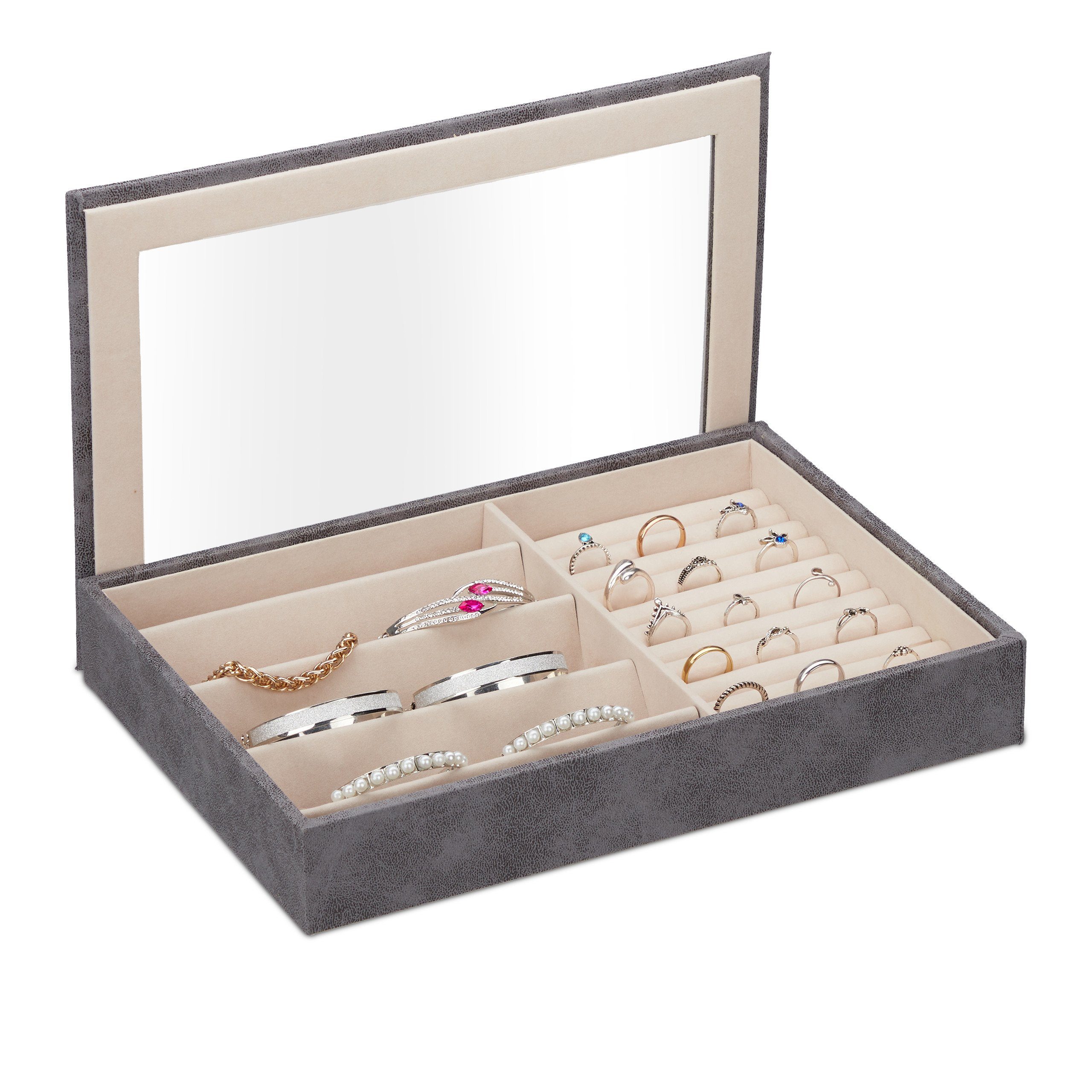 relaxdays Schmuckkasten Schmuckkästchen mit Sichtfenster, grau günstig online kaufen