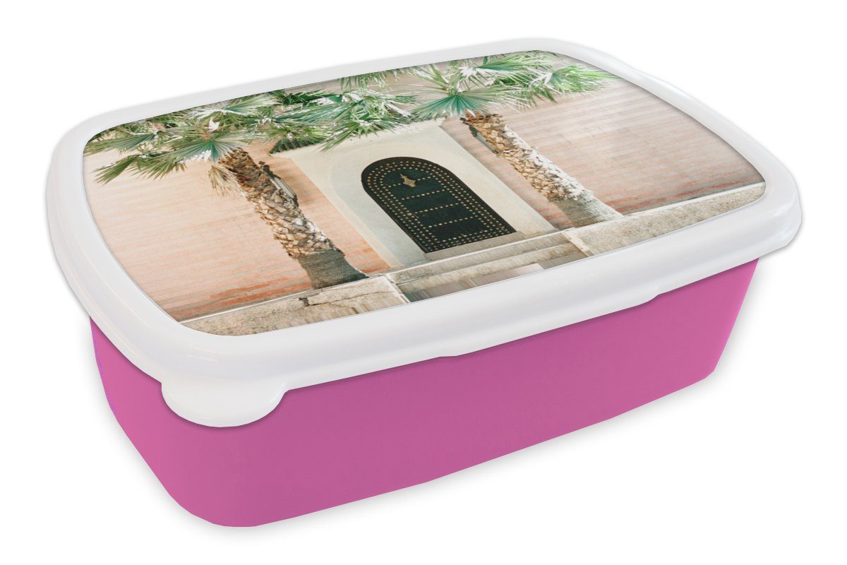 Snackbox, Tür für Lunchbox rosa - MuchoWow Palme Mädchen, Marrakesch Kunststoff - Brotdose Erwachsene, Brotbox Kunststoff, Kinder, - (2-tlg), - Tropisch, Weiß